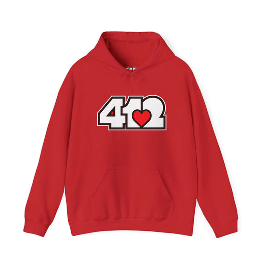 Pittsburgh Hoodie | White and Red 412 Logo. Apparel Color: Red. 50/50 cotton-poly blend, cozy fit, kangaroo pocket, adjustable drawstring hood.