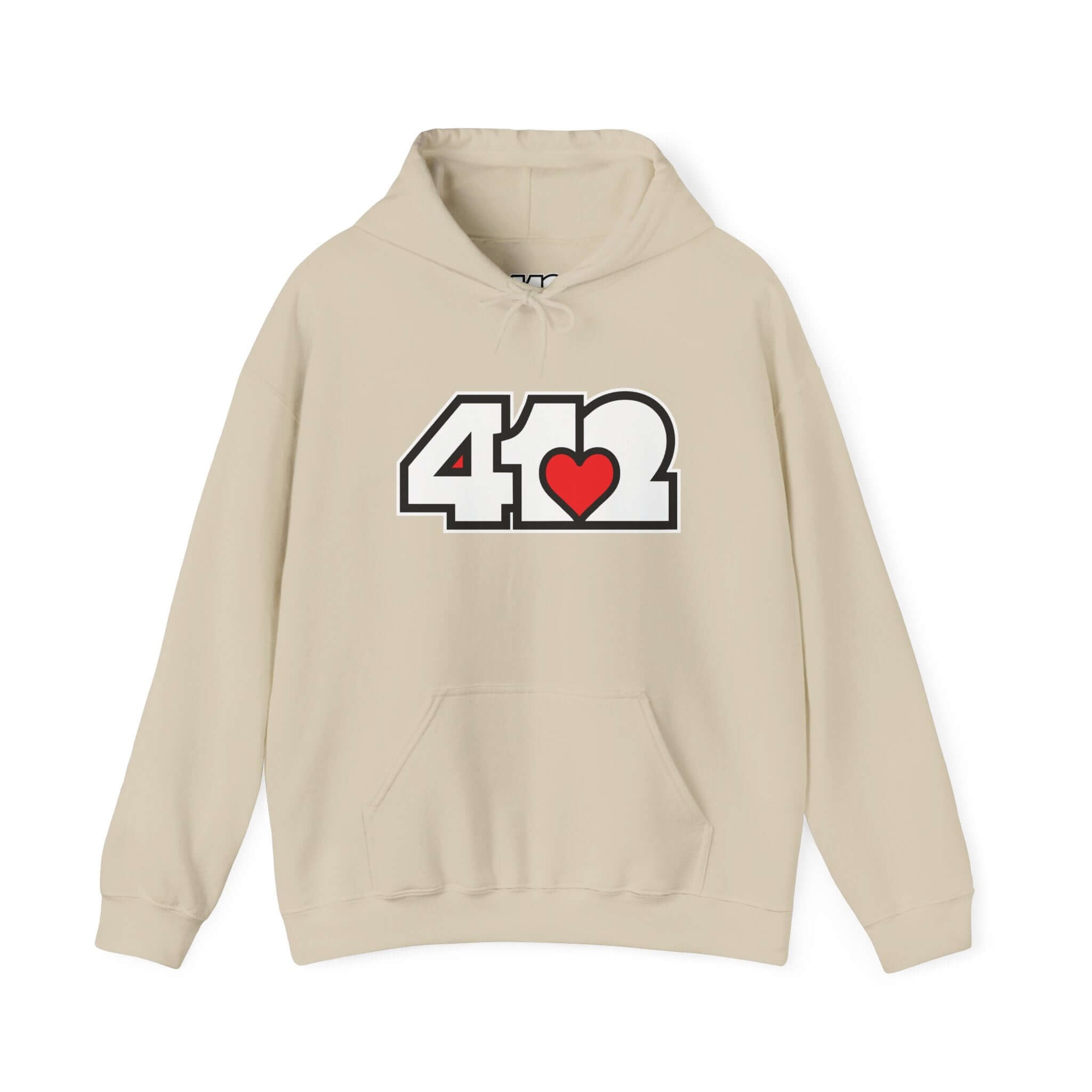 Pittsburgh Hoodie | White and Red 412 Logo. Apparel Color: Sand. 50/50 cotton-poly blend, cozy fit, kangaroo pocket, adjustable drawstring hood.