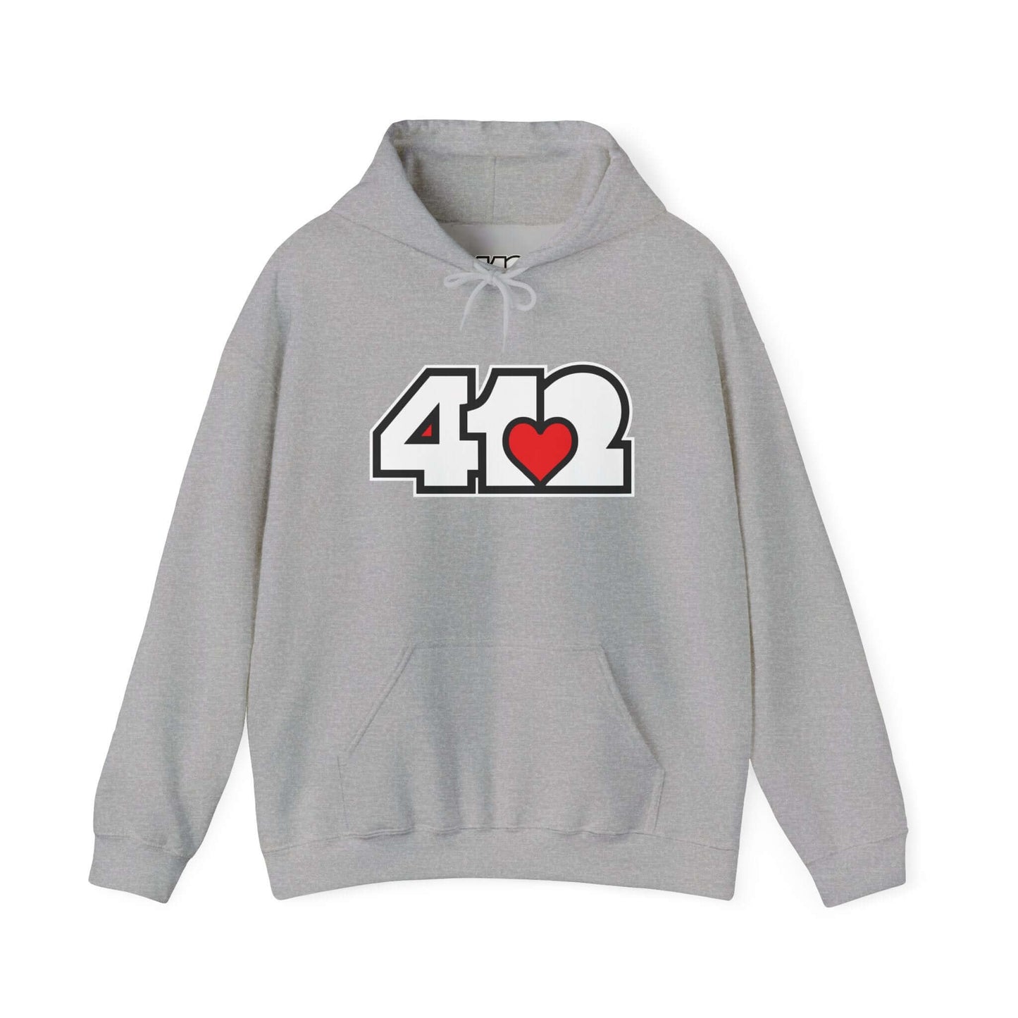 Pittsburgh Hoodie | White and Red 412 Logo. Apparel Color: Sport Grey. 50/50 cotton-poly blend, cozy fit, kangaroo pocket, adjustable drawstring hood.