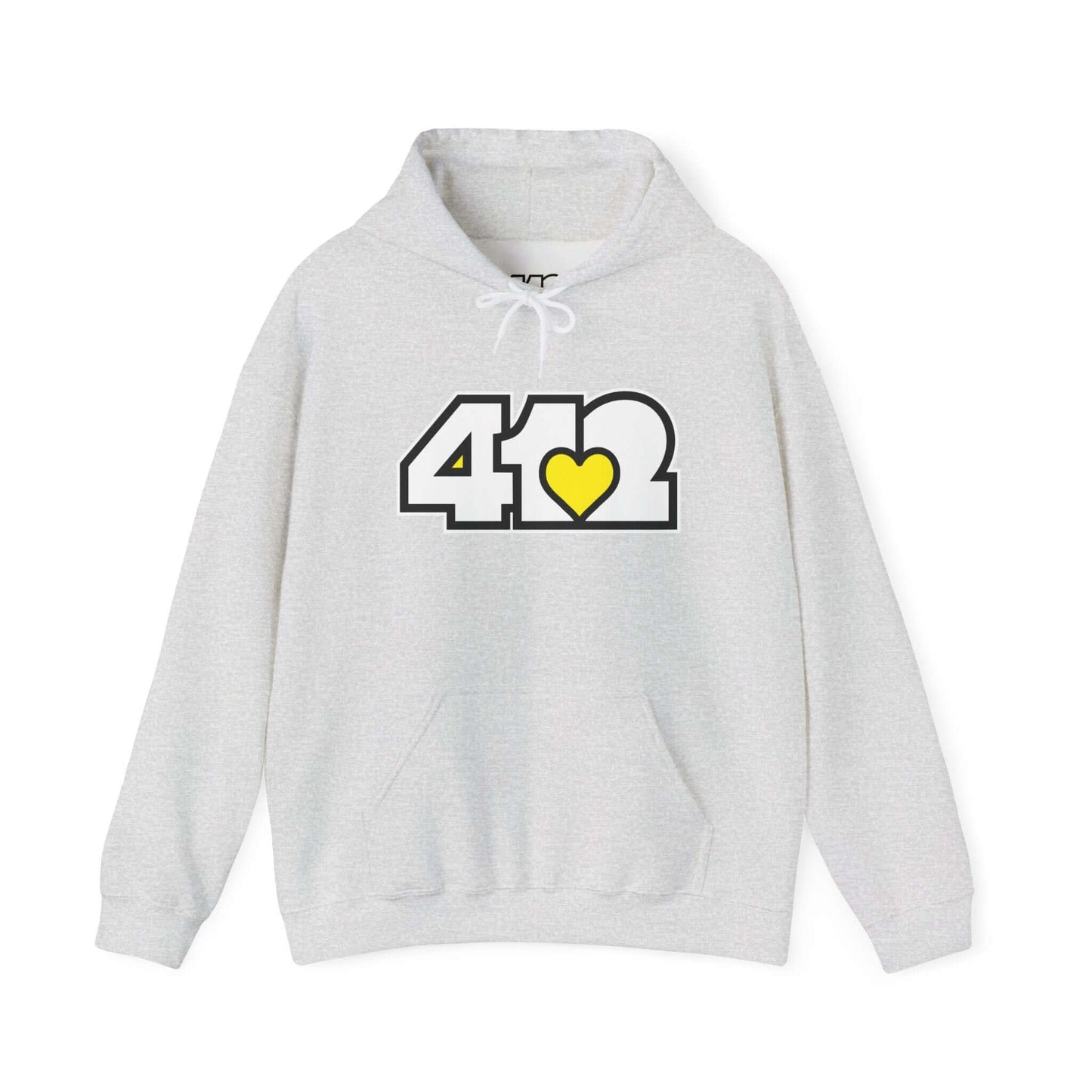 Pittsburgh Hoodie | White and Yellow 412 Logo. Apparel Color: Ash. 50/50 cotton-poly blend, cozy fit, kangaroo pocket, adjustable drawstring hood.