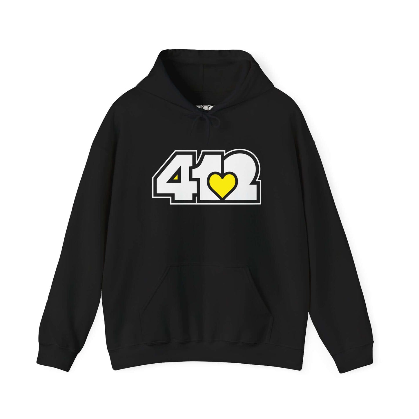 Pittsburgh Hoodie | White and Yellow 412 Logo. Apparel Color: Black. 50/50 cotton-poly blend, cozy fit, kangaroo pocket, adjustable drawstring hood.