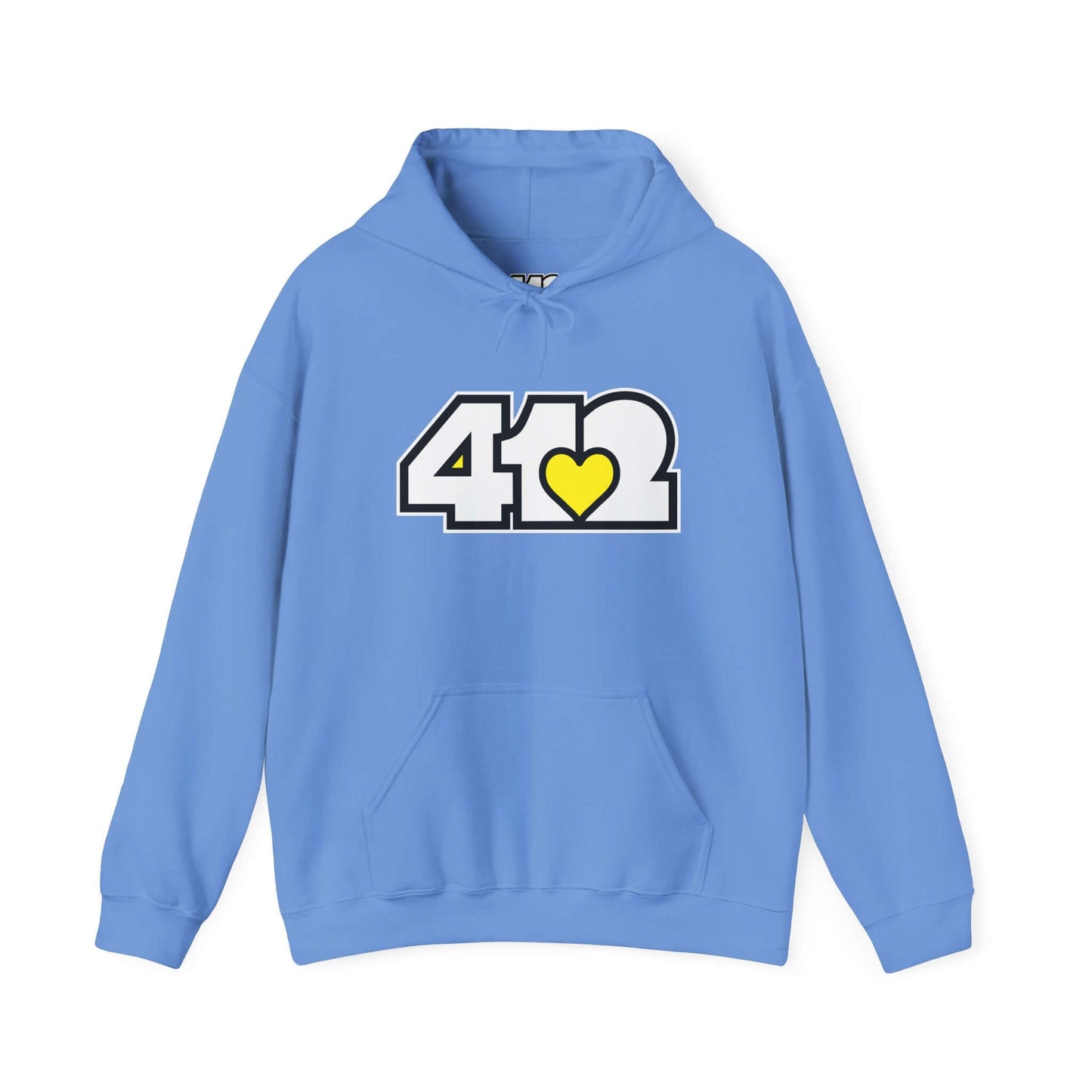 Pittsburgh Hoodie | White and Yellow 412 Logo. Apparel Color: Carolina Blue. 50/50 cotton-poly blend, cozy fit, kangaroo pocket, adjustable drawstring hood.