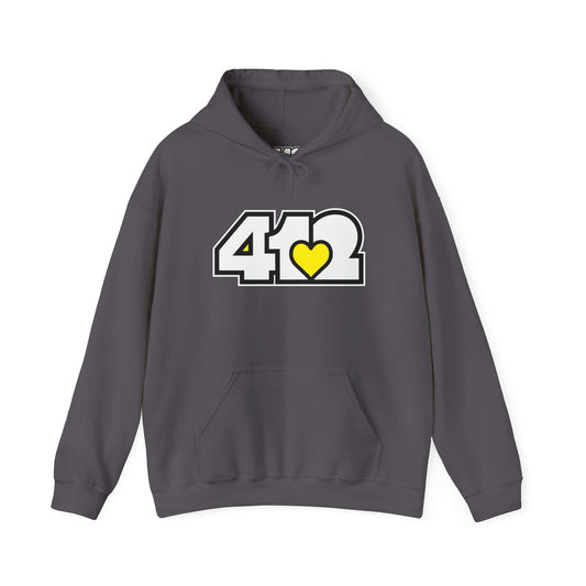 Pittsburgh Hoodie | White and Yellow 412 Logo. Apparel Color: Charcoal. 50/50 cotton-poly blend, cozy fit, kangaroo pocket, adjustable drawstring hood.