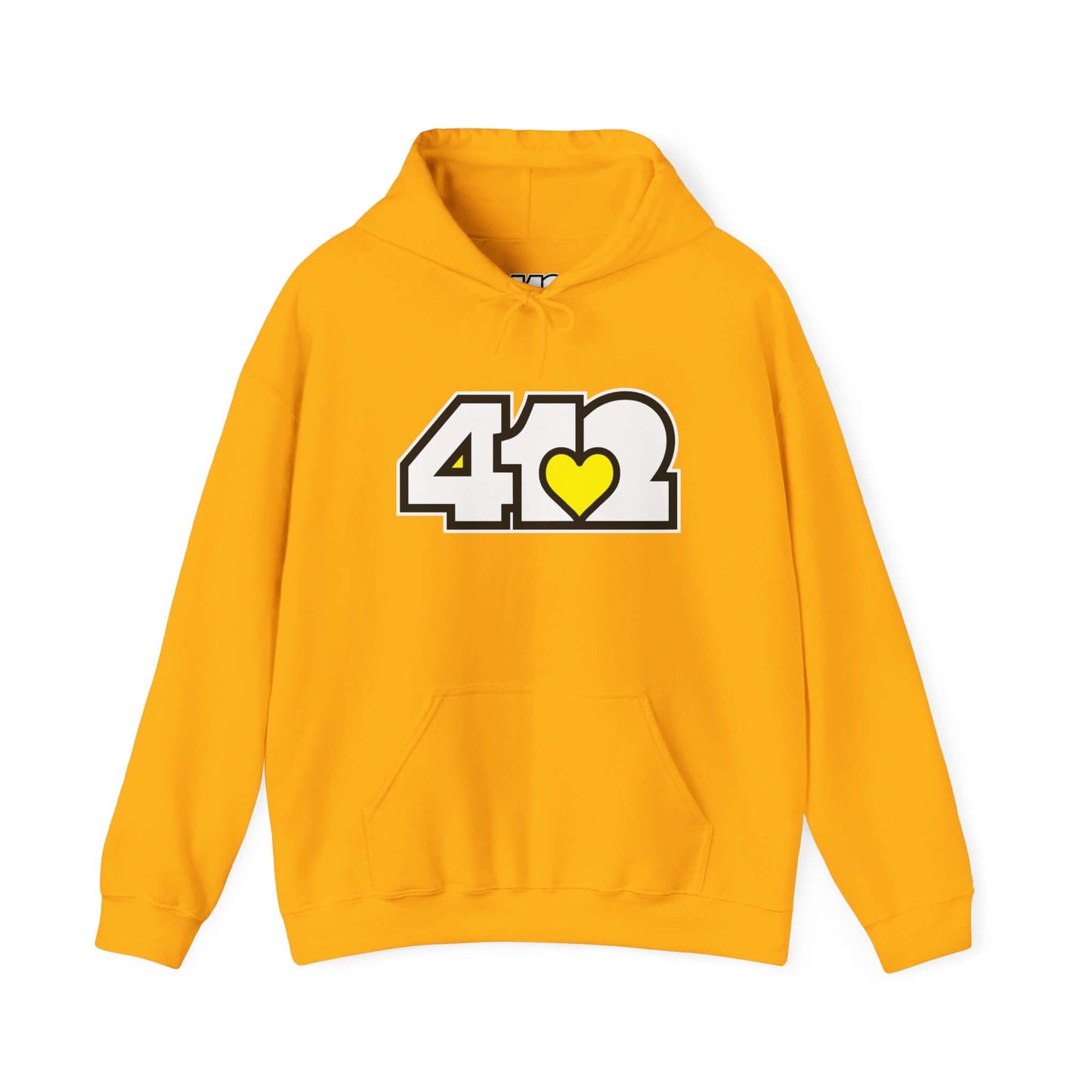 Pittsburgh Hoodie | White and Yellow 412 Logo. Apparel Color: Gold. 50/50 cotton-poly blend, cozy fit, kangaroo pocket, adjustable drawstring hood.