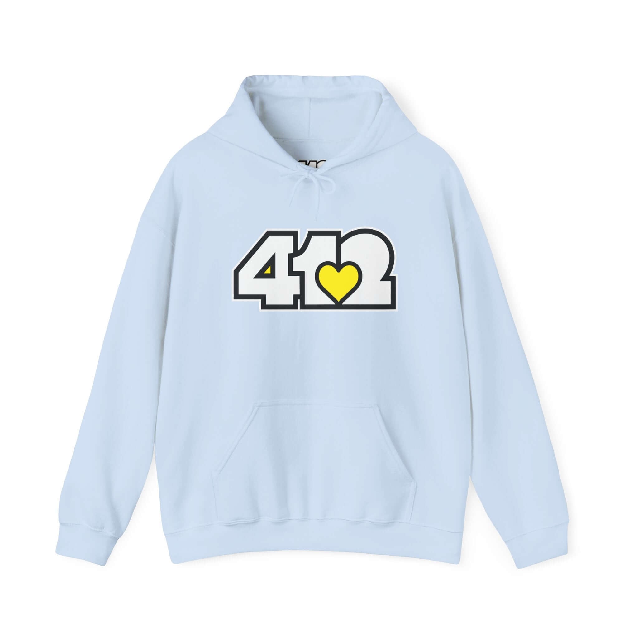 Pittsburgh Hoodie | White and Yellow 412 Logo. Apparel Color: Light Blue. 50/50 cotton-poly blend, cozy fit, kangaroo pocket, adjustable drawstring hood.