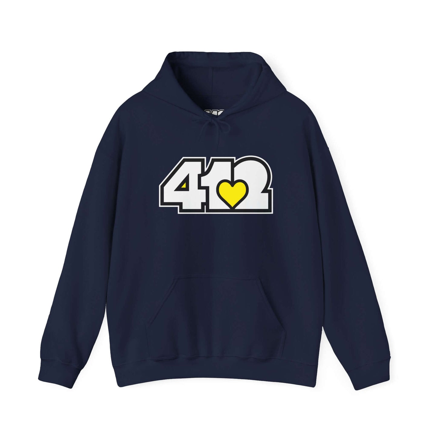 Pittsburgh Hoodie | White and Yellow 412 Logo. Apparel Color: Navy. 50/50 cotton-poly blend, cozy fit, kangaroo pocket, adjustable drawstring hood.