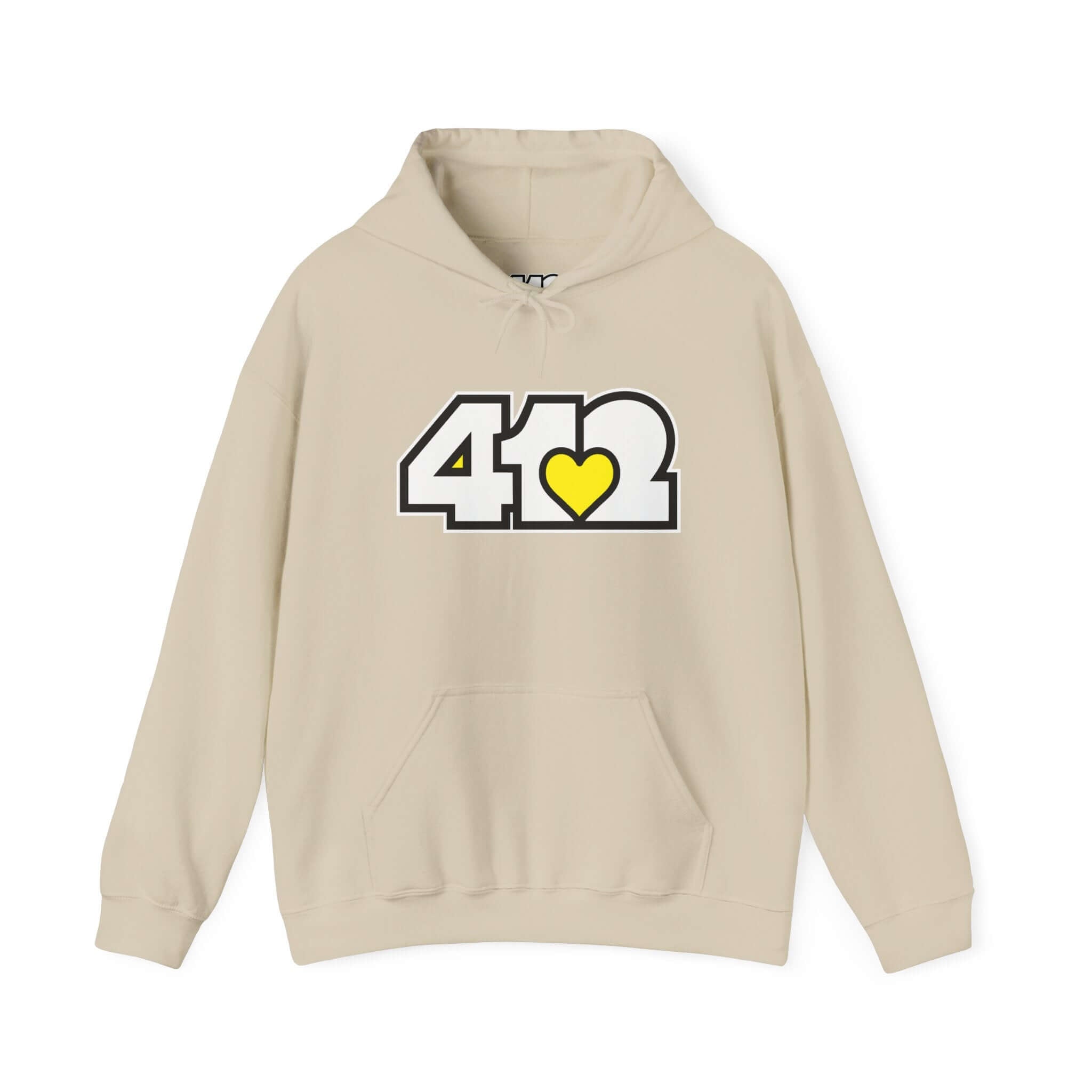 Pittsburgh Hoodie | White and Yellow 412 Logo. Apparel Color: Sand. 50/50 cotton-poly blend, cozy fit, kangaroo pocket, adjustable drawstring hood.