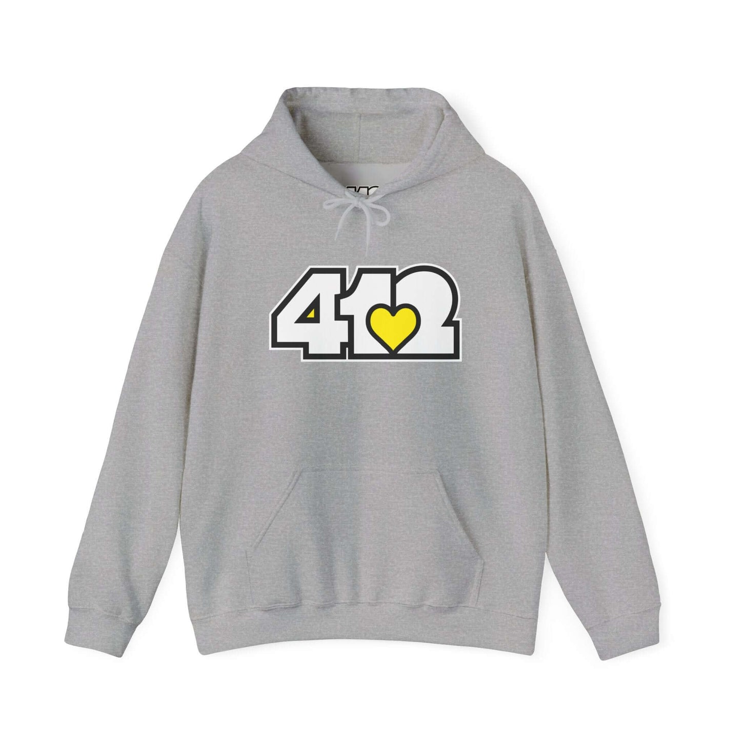 Pittsburgh Hoodie | White and Yellow 412 Logo. Apparel Color: Sport Grey. 50/50 cotton-poly blend, cozy fit, kangaroo pocket, adjustable drawstring hood.