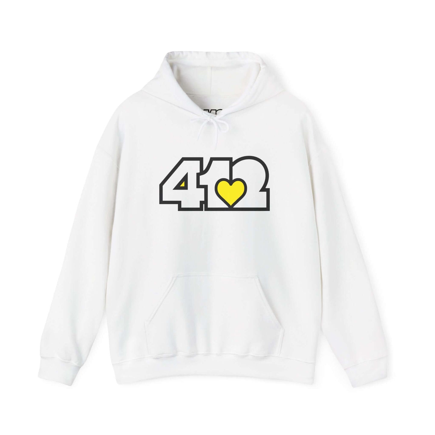 Pittsburgh Hoodie | White and Yellow 412 Logo. Apparel Color: White. 50/50 cotton-poly blend, cozy fit, kangaroo pocket, adjustable drawstring hood.