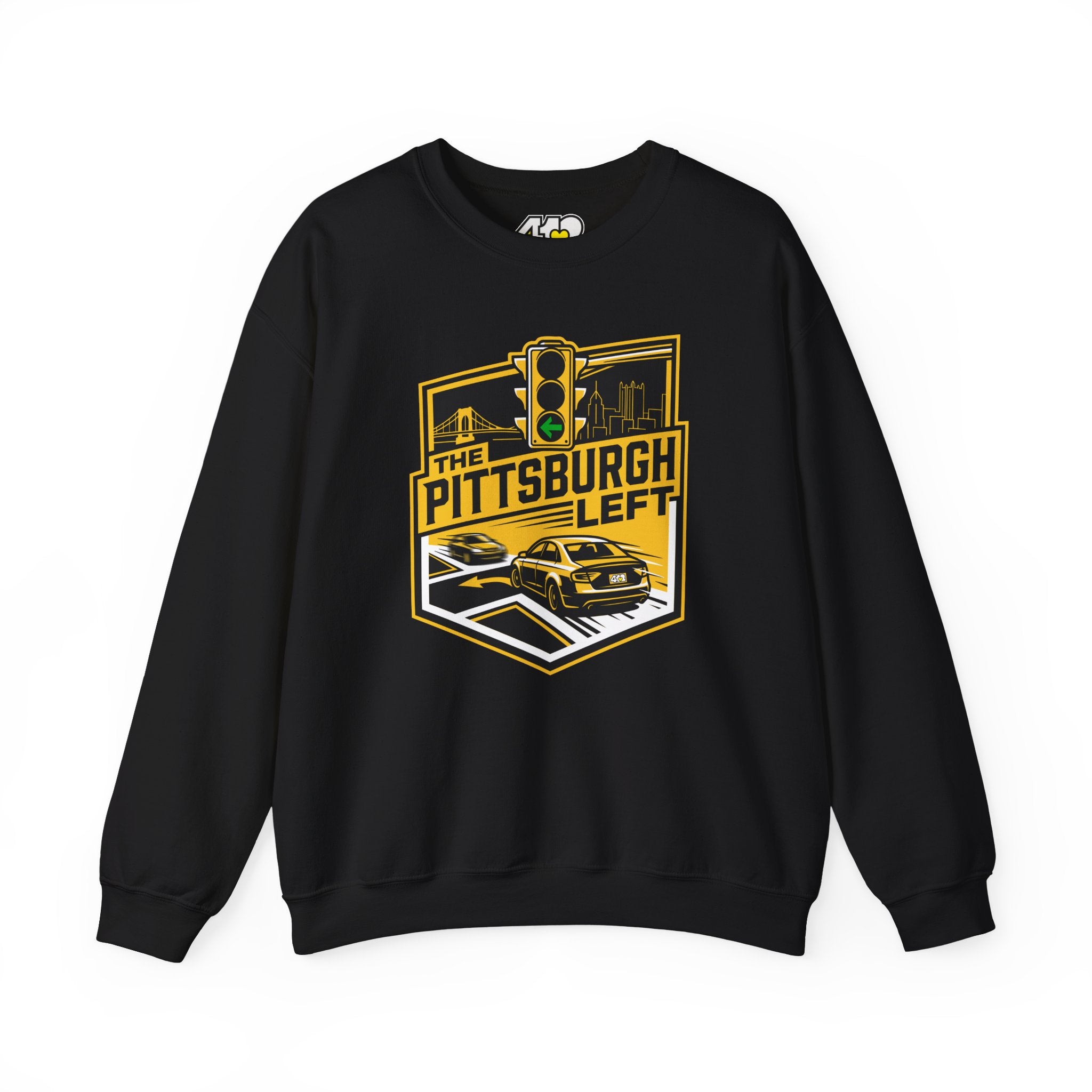 Pittsburgh Left Crewneck. Apparel Color: Black. A blend of 50% cotton and 50% polyester for cozy durability. With an Elastic ribbed collar, and Double-needle stitching.