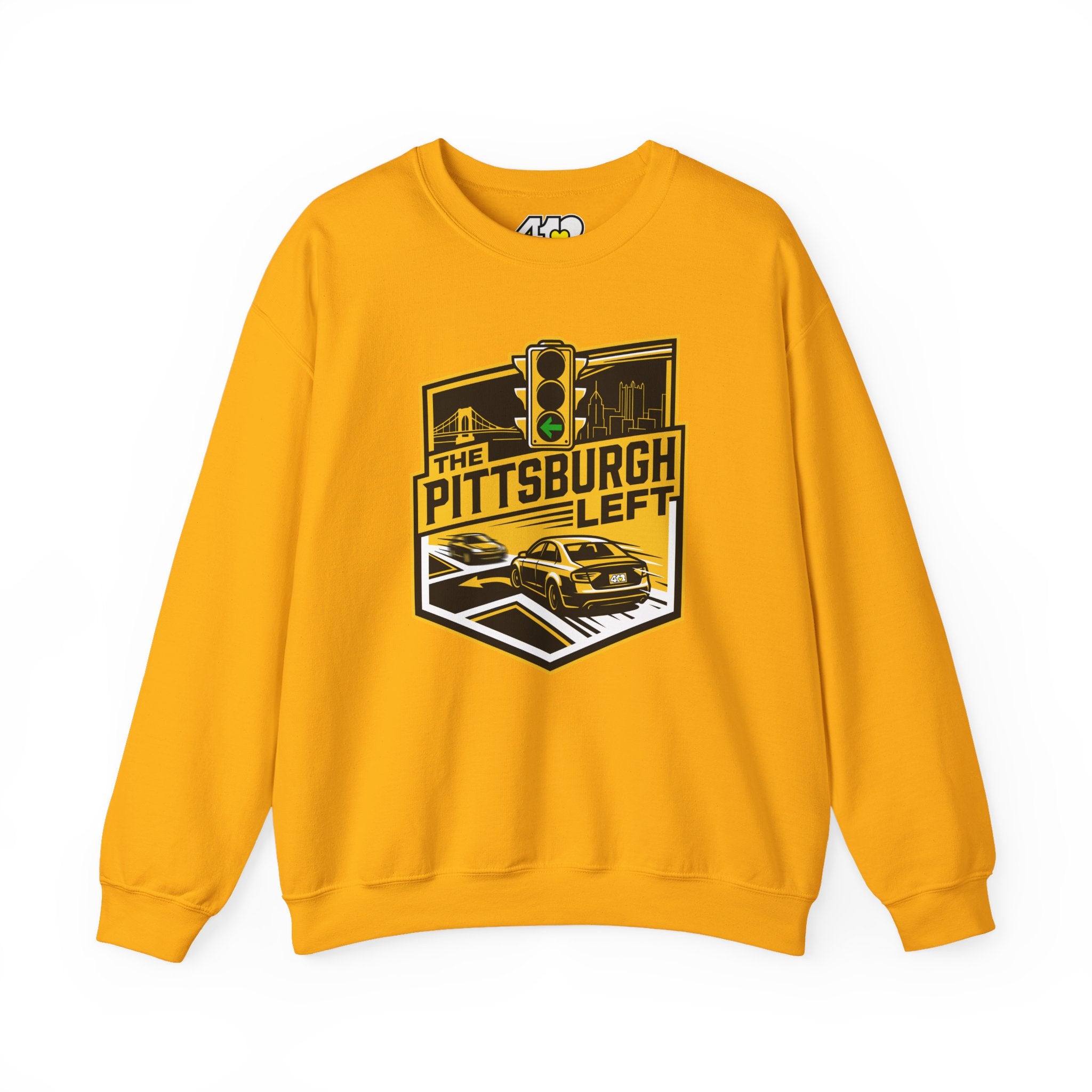 Pittsburgh Left Crewneck. Apparel Color: Gold. A blend of 50% cotton and 50% polyester for cozy durability. With an Elastic ribbed collar, and Double-needle stitching.