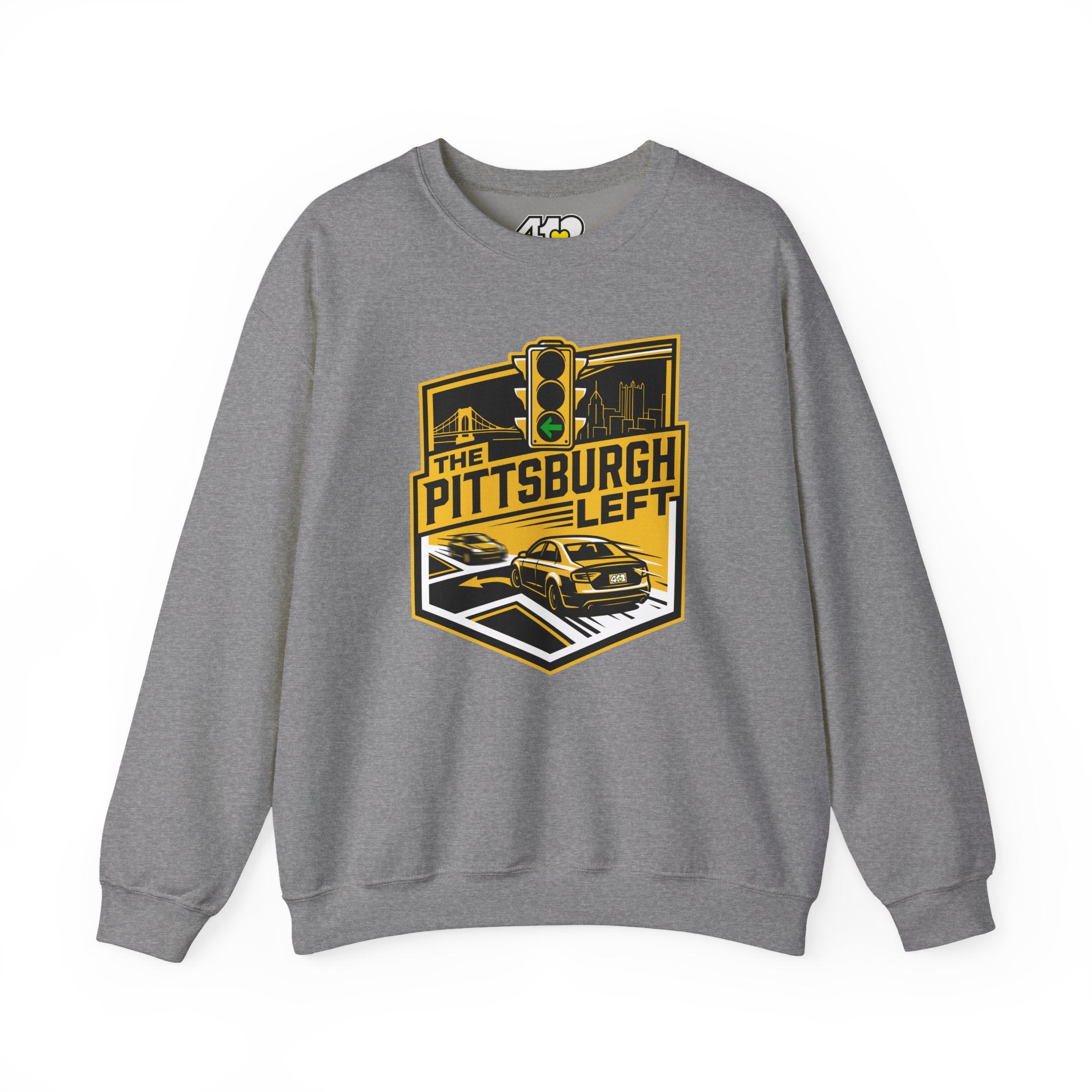 Pittsburgh Left Crewneck. Apparel Color: Graphite Heather. A blend of 50% cotton and 50% polyester for cozy durability. With an Elastic ribbed collar, and Double-needle stitching.