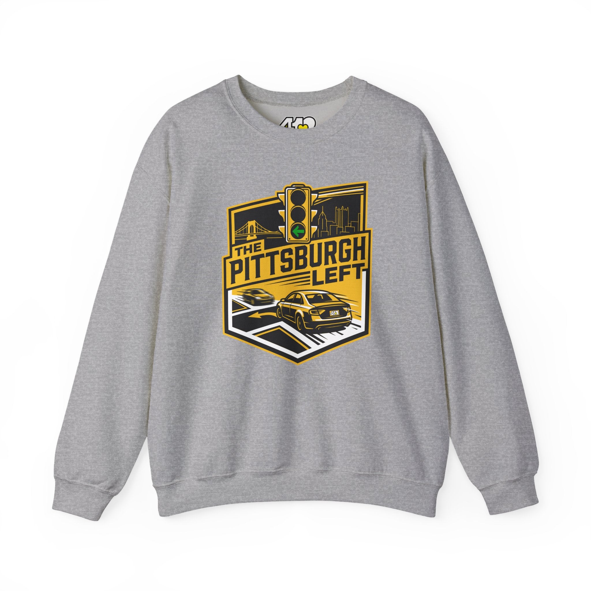 Pittsburgh Left Crewneck. Apparel Color: Sport Grey. A blend of 50% cotton and 50% polyester for cozy durability. With an Elastic ribbed collar, and Double-needle stitching.