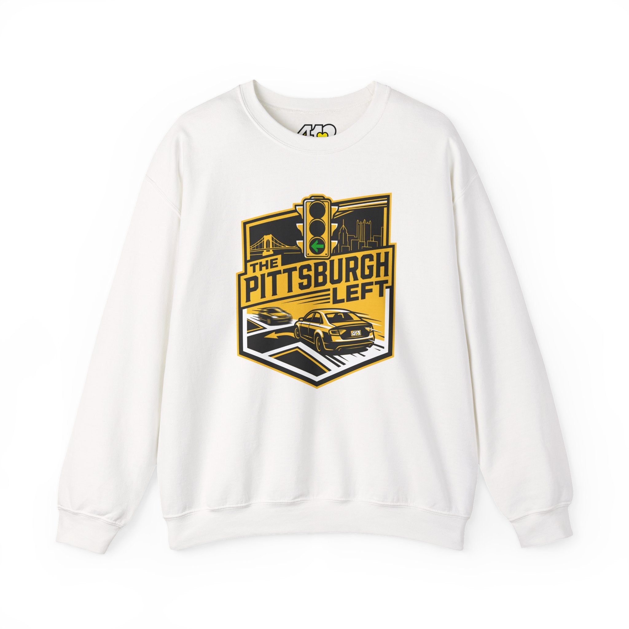 Pittsburgh Left Crewneck. Apparel Color: White. A blend of 50% cotton and 50% polyester for cozy durability. With an Elastic ribbed collar, and Double-needle stitching.