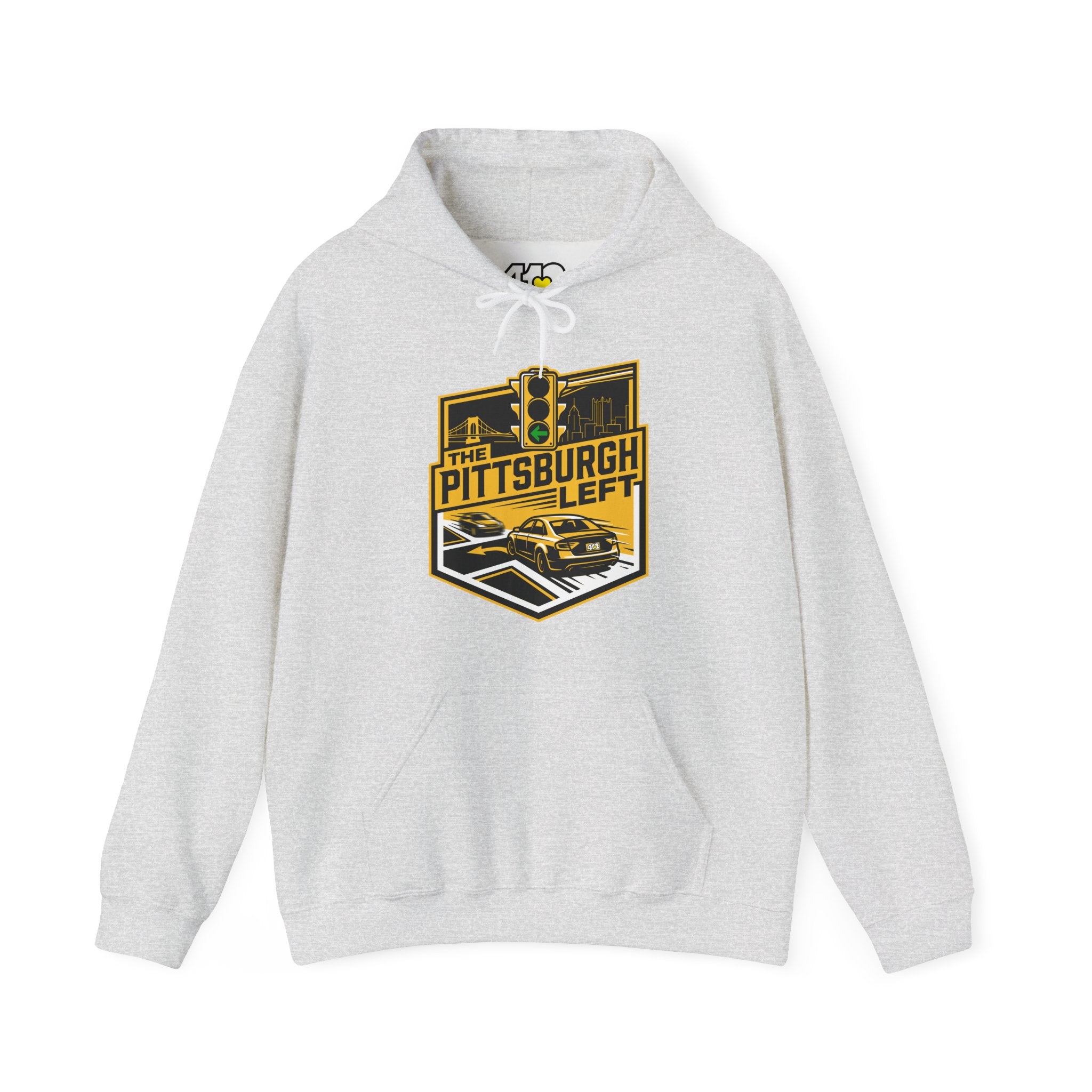 Pittsburgh Left Hoodie. Apparel Color: Ash. 50/50 cotton-poly blend, cozy fit, kangaroo pocket, adjustable drawstring hood.