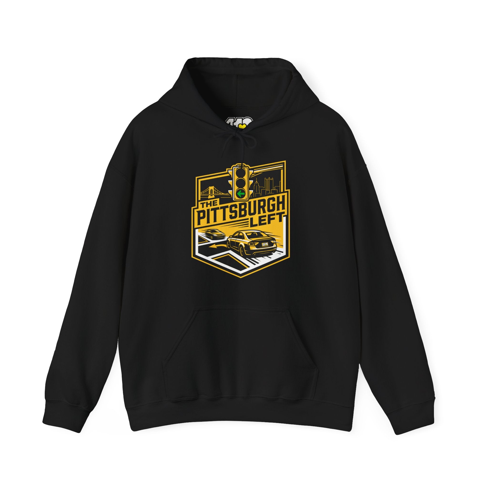 Pittsburgh Left Hoodie. Apparel Color: Black. 50/50 cotton-poly blend, cozy fit, kangaroo pocket, adjustable drawstring hood.