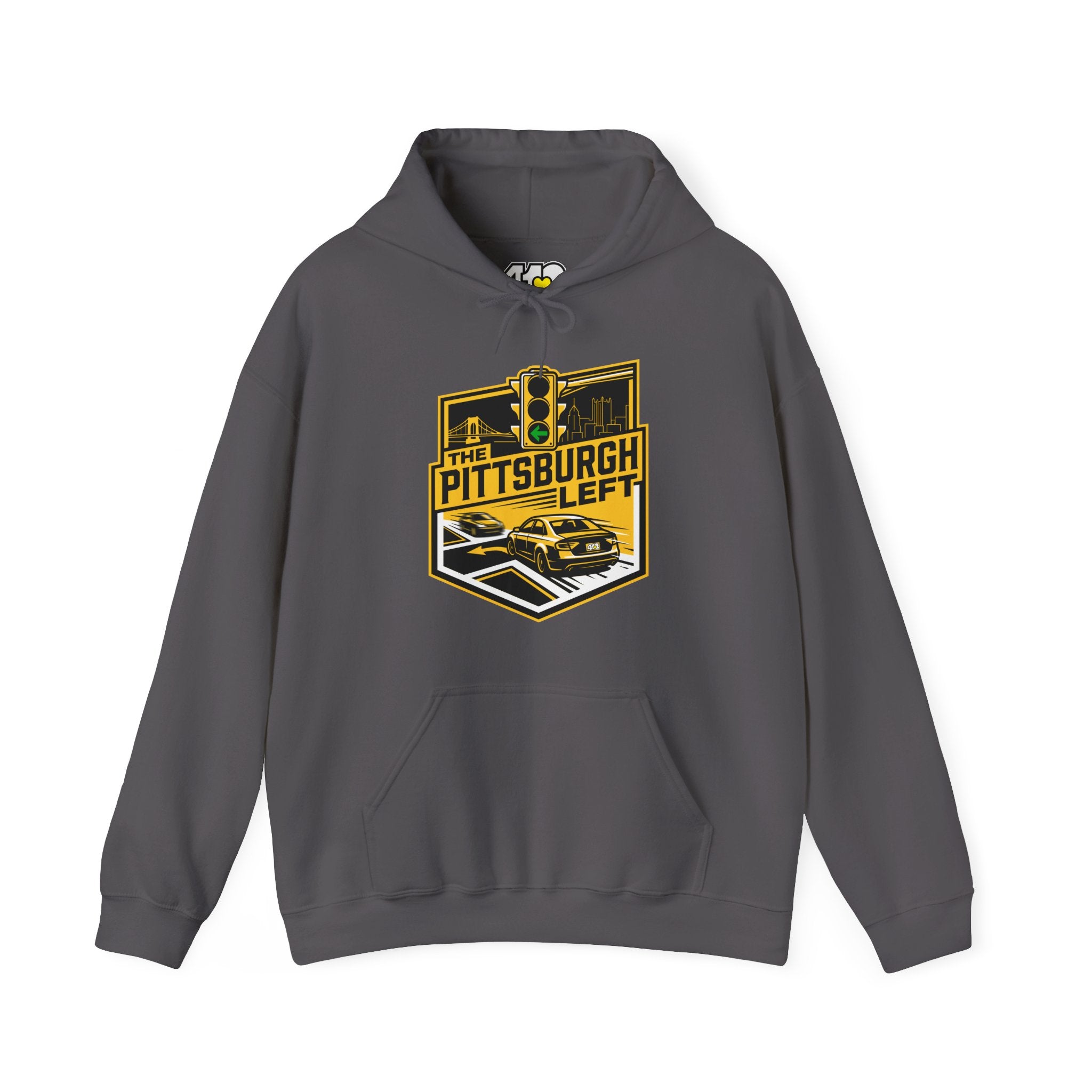 Pittsburgh Left Hoodie. Apparel Color: Charcoal. 50/50 cotton-poly blend, cozy fit, kangaroo pocket, adjustable drawstring hood.