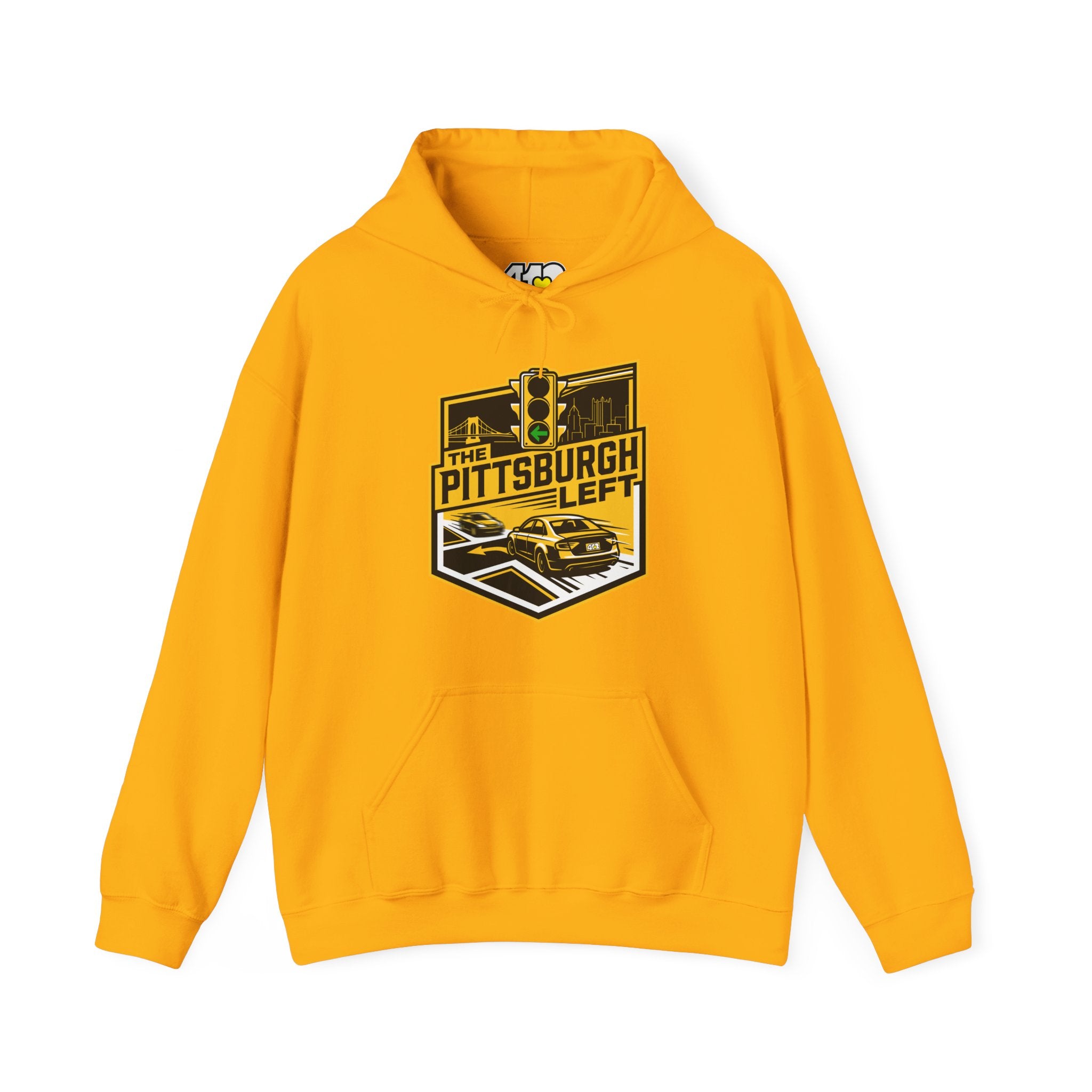 Pittsburgh Left Hoodie. Apparel Color: Gold. 50/50 cotton-poly blend, cozy fit, kangaroo pocket, adjustable drawstring hood.