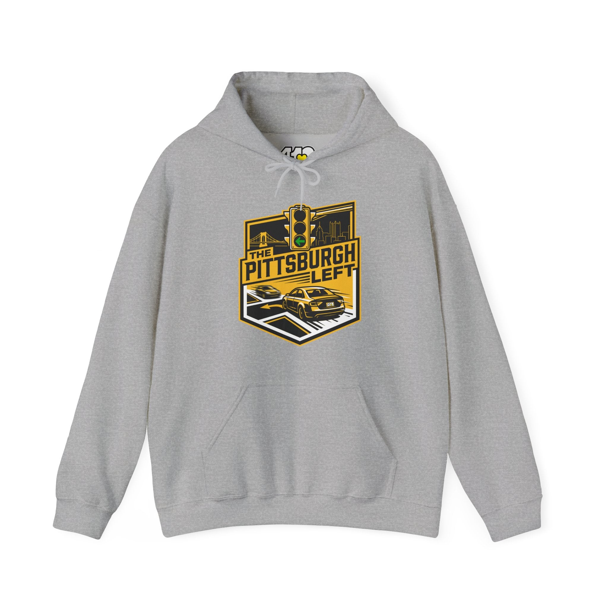 Pittsburgh Left Hoodie. Apparel Color: Sport Grey. 50/50 cotton-poly blend, cozy fit, kangaroo pocket, adjustable drawstring hood.