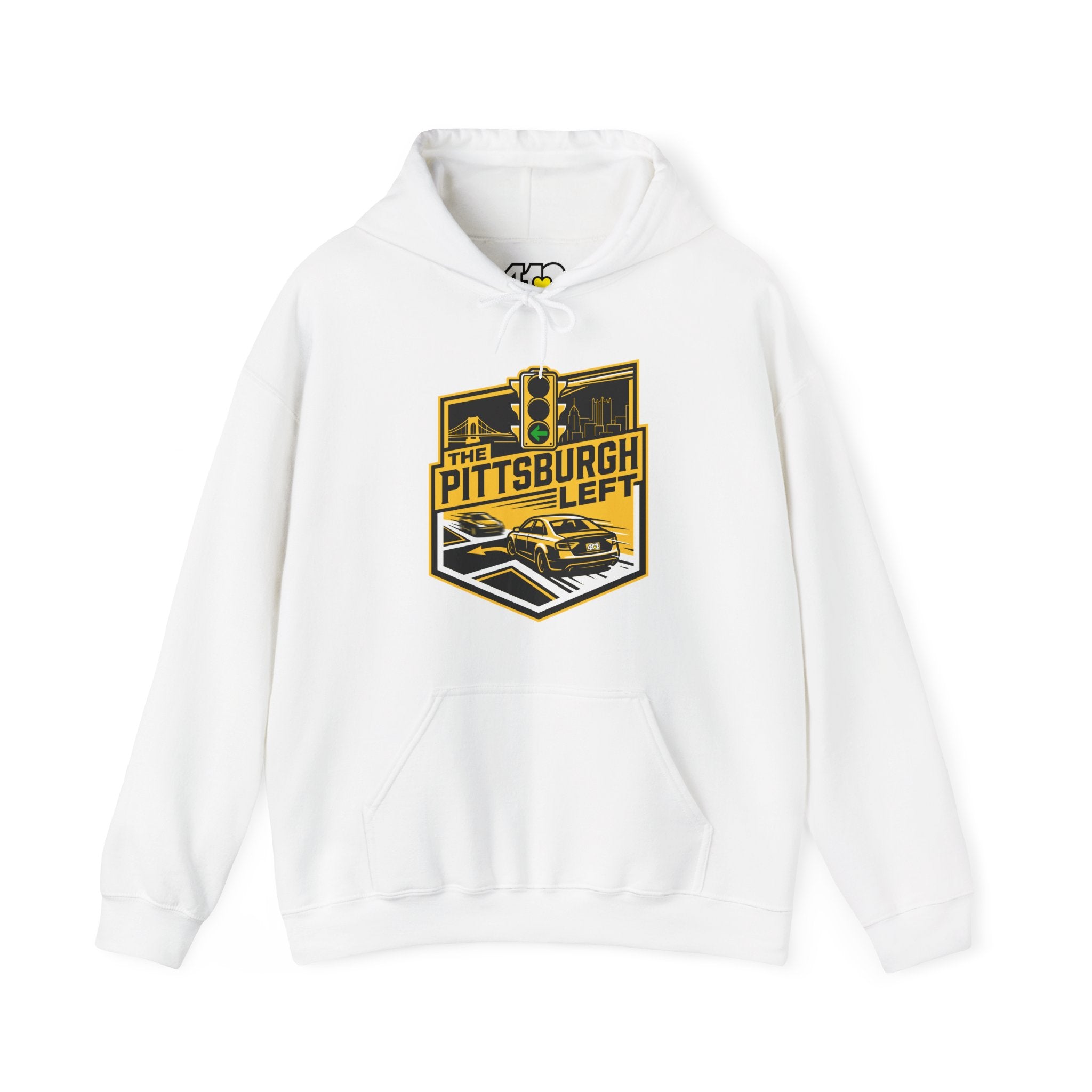 Pittsburgh Left Hoodie. Apparel Color: White. 50/50 cotton-poly blend, cozy fit, kangaroo pocket, adjustable drawstring hood.