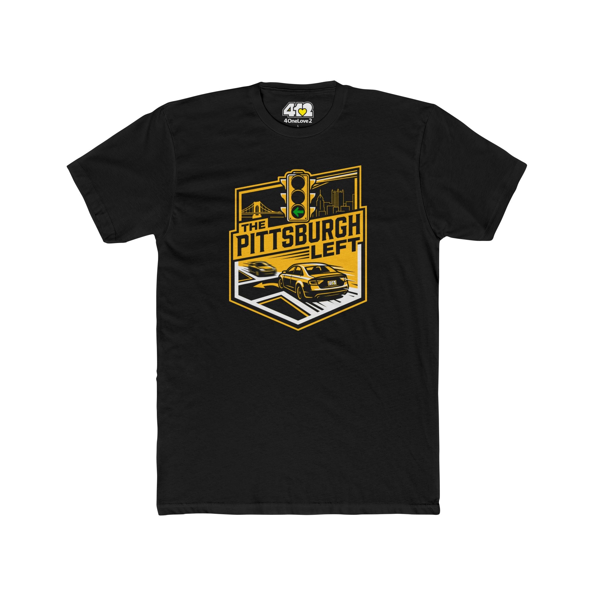 Pittsburgh Left T?Shirt. Apparel Color: Solid Black. Tailored fit T-Shirt with breathable cotton fabric, and classic neckline.