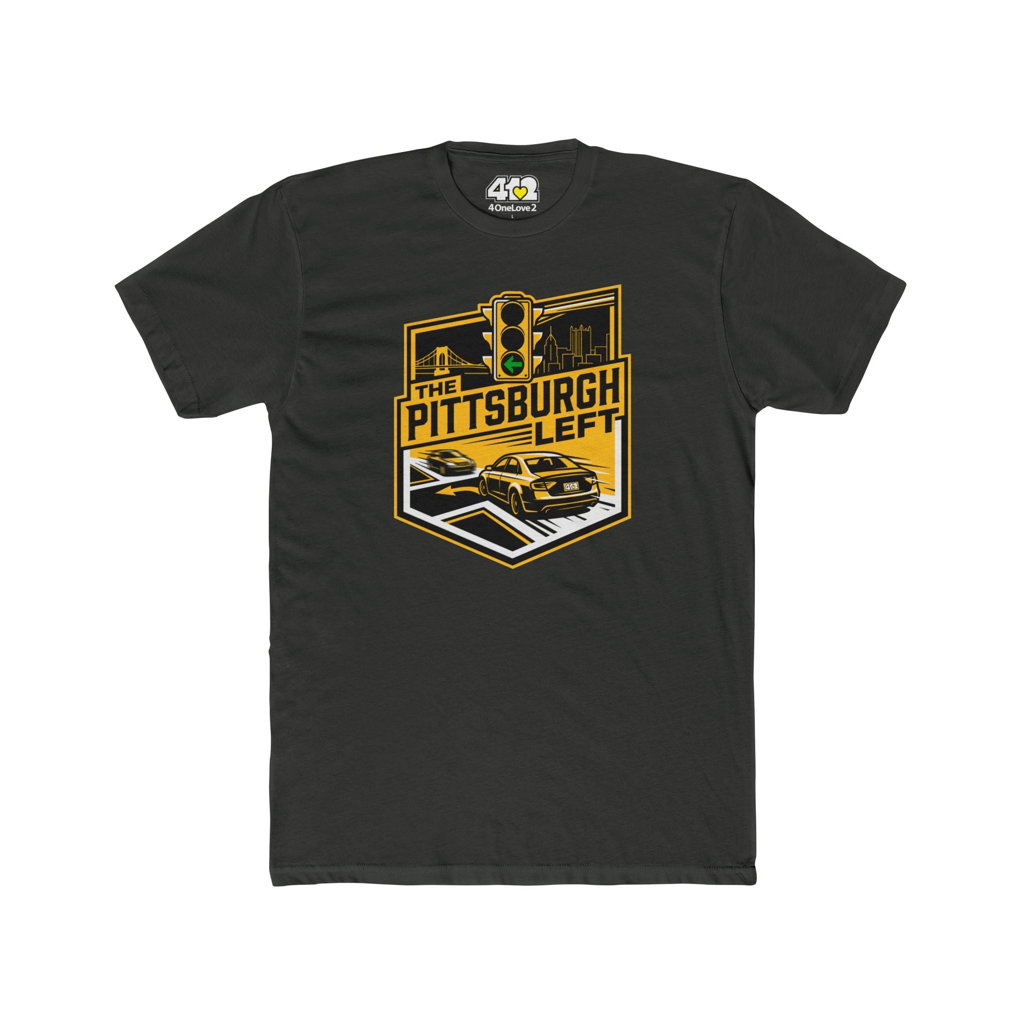 Pittsburgh Left T?Shirt. Apparel Color: Solid Heavy Metal. Tailored fit T-Shirt with breathable cotton fabric, and classic neckline.