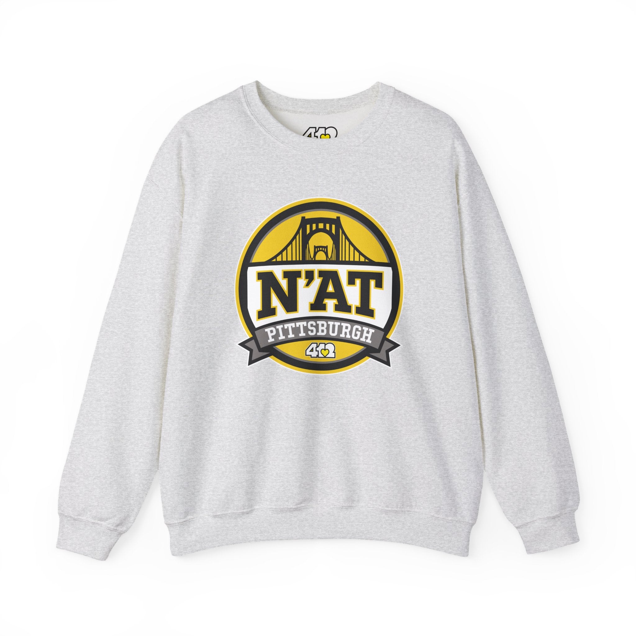 Pittsburgh N'AT Crewneck. Apparel Color: Ash. A blend of 50% cotton and 50% polyester for cozy durability. With an Elastic ribbed collar, and Double-needle stitching.