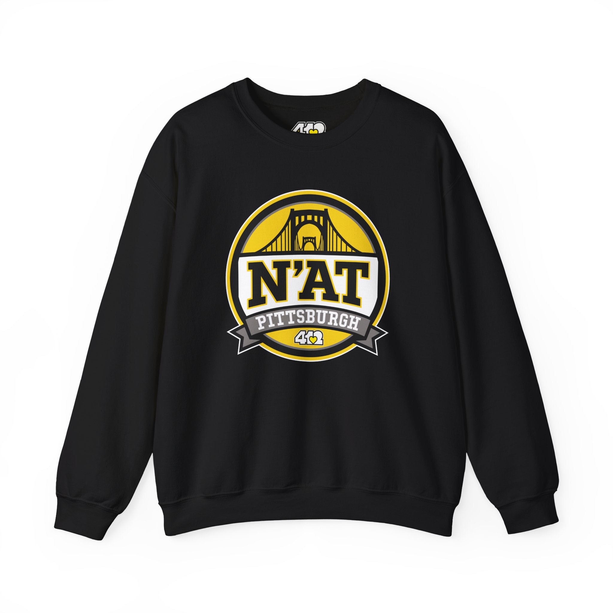 Pittsburgh N'AT Crewneck. Apparel Color: Black. A blend of 50% cotton and 50% polyester for cozy durability. With an Elastic ribbed collar, and Double-needle stitching.