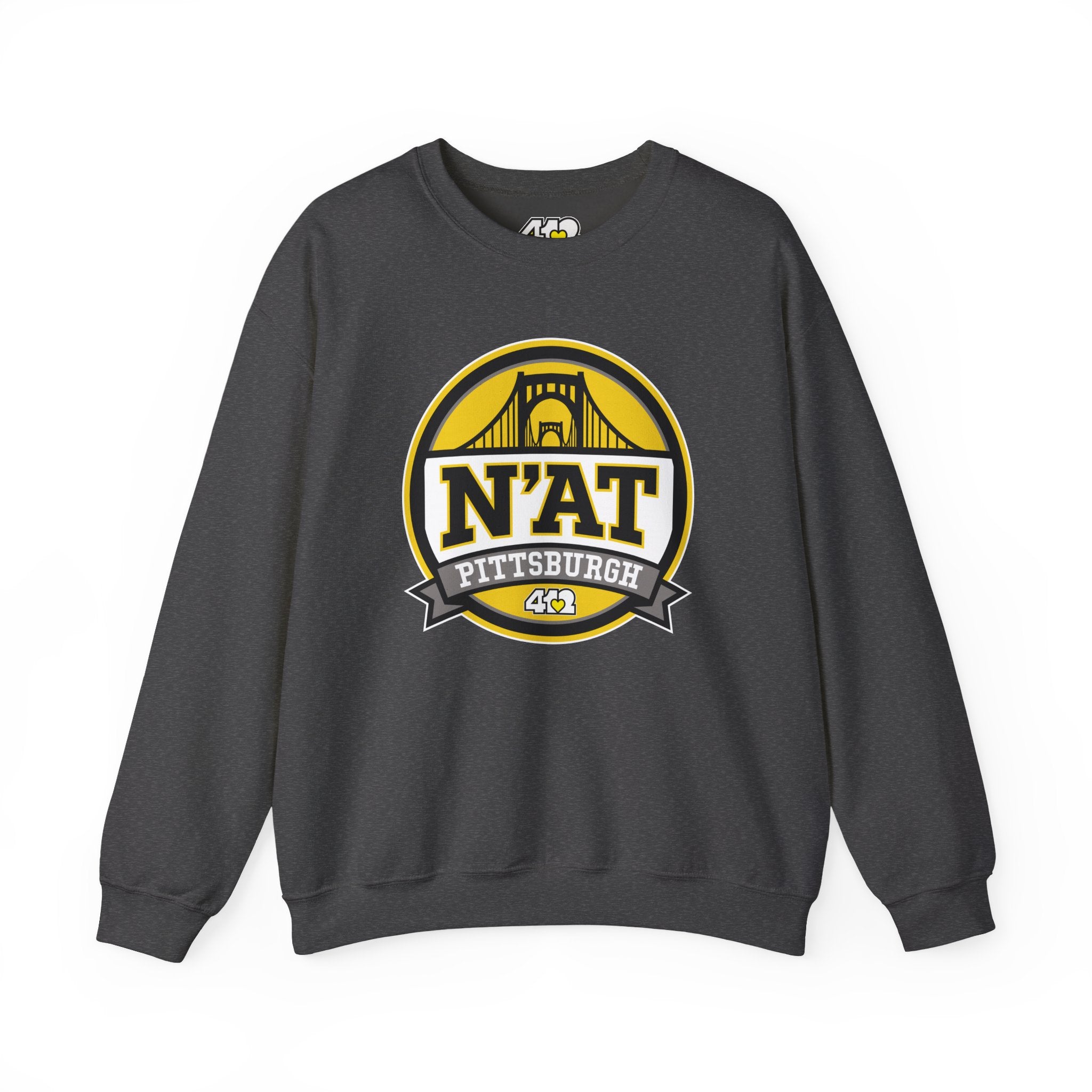 Pittsburgh N'AT Crewneck. Apparel Color: Dark Heather. A blend of 50% cotton and 50% polyester for cozy durability. With an Elastic ribbed collar, and Double-needle stitching.