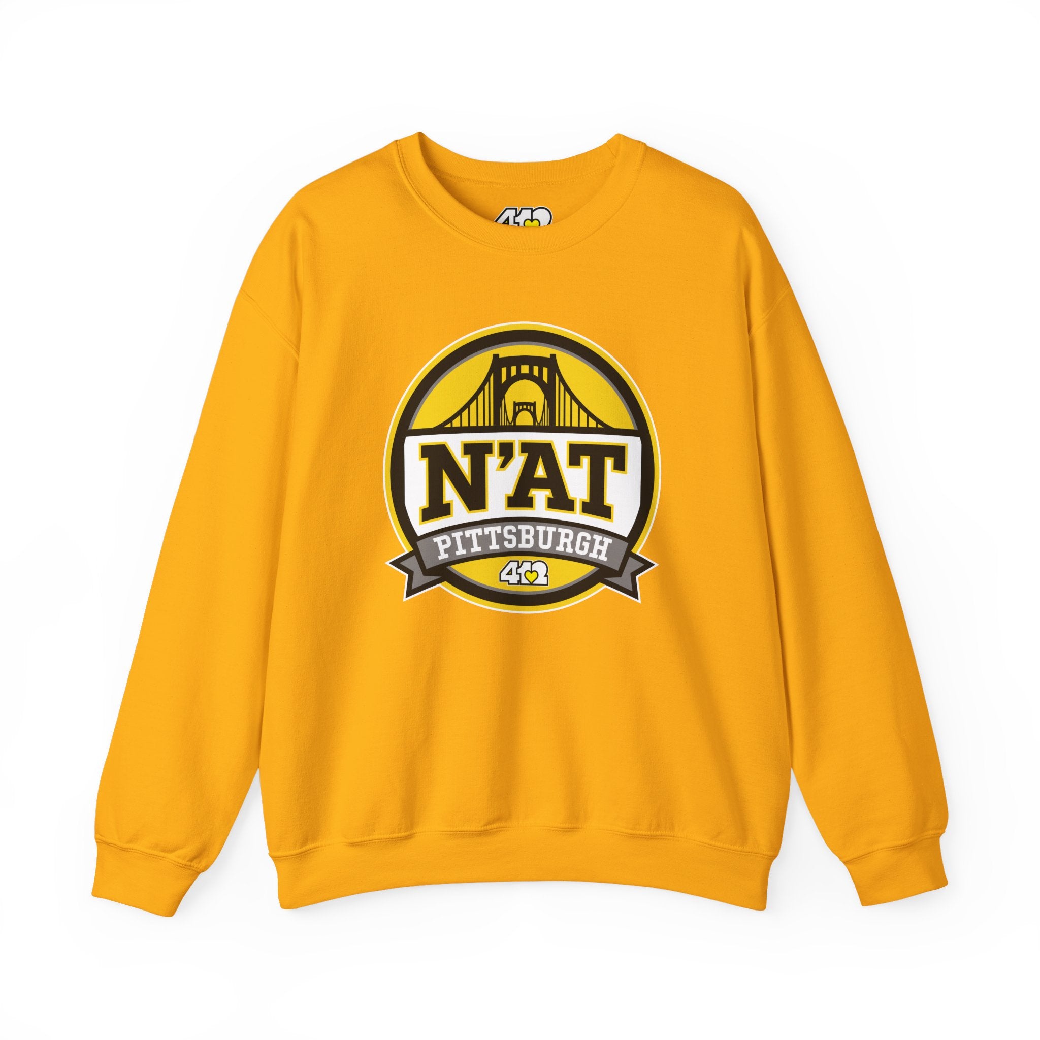 Pittsburgh N'AT Crewneck. Apparel Color: Gold. A blend of 50% cotton and 50% polyester for cozy durability. With an Elastic ribbed collar, and Double-needle stitching.