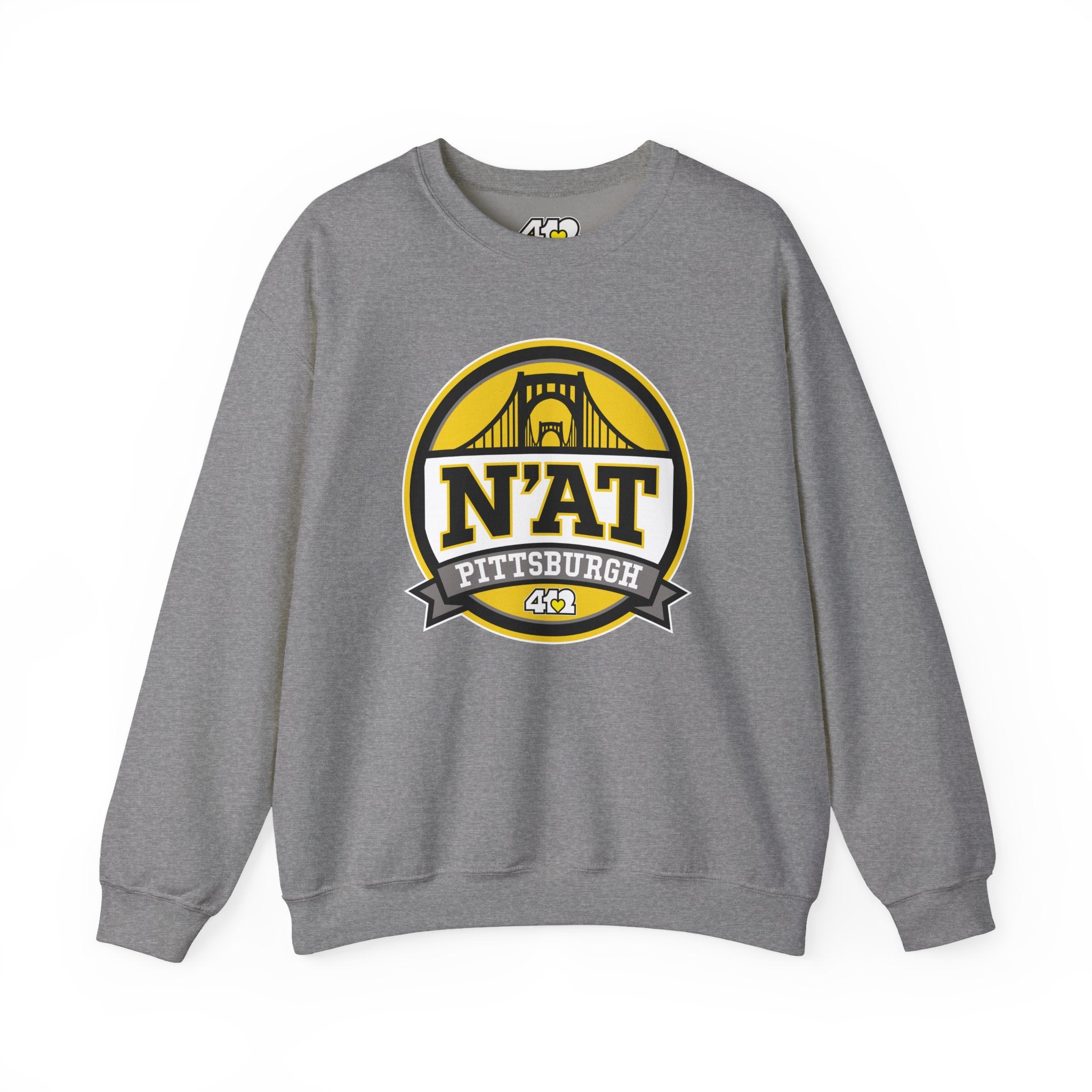 Pittsburgh N'AT Crewneck. Apparel Color: Graphite Heather. A blend of 50% cotton and 50% polyester for cozy durability. With an Elastic ribbed collar, and Double-needle stitching.
