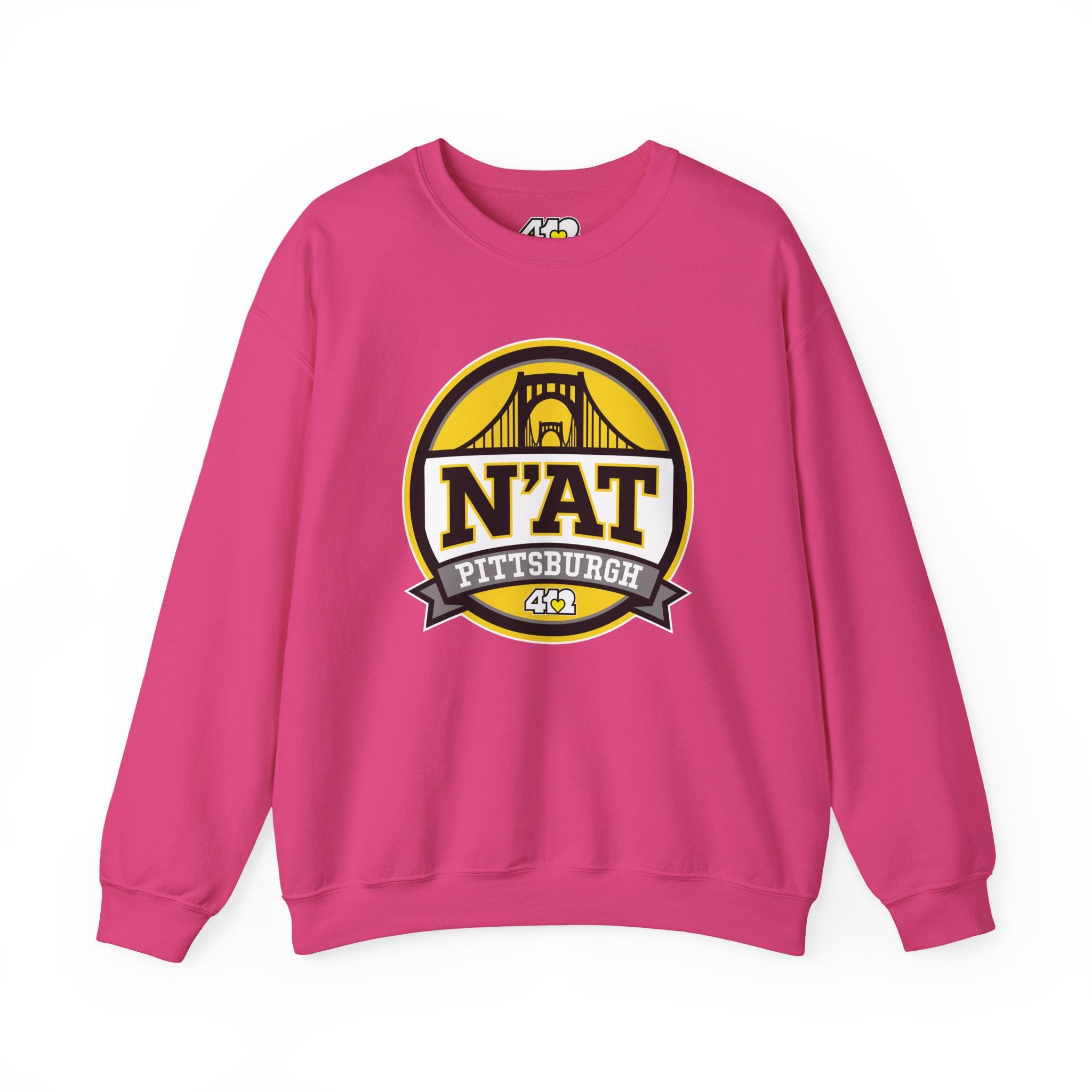 Pittsburgh N'AT Crewneck. Apparel Color: Heliconia. A blend of 50% cotton and 50% polyester for cozy durability. With an Elastic ribbed collar, and Double-needle stitching.