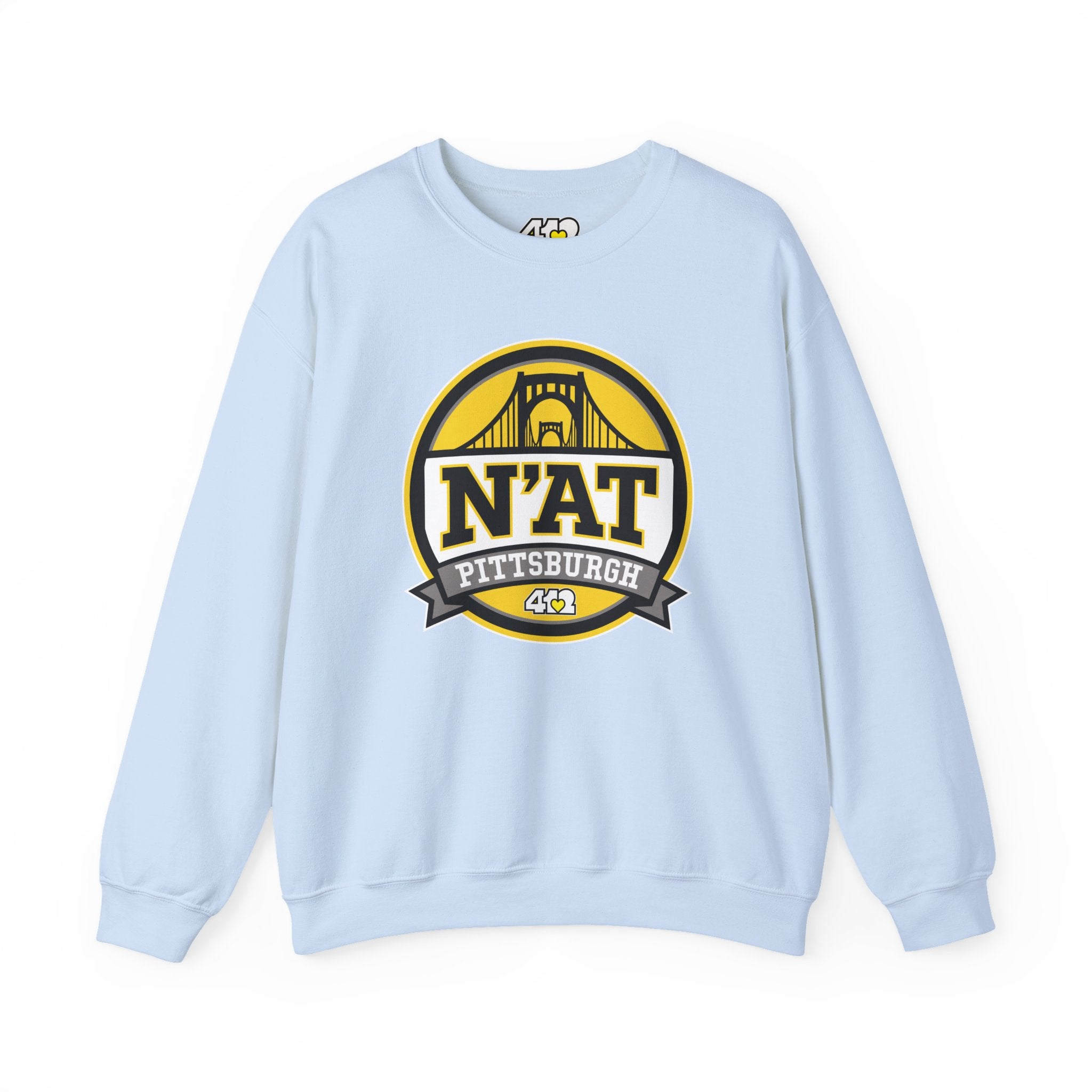 Pittsburgh N'AT Crewneck. Apparel Color: Light Blue. A blend of 50% cotton and 50% polyester for cozy durability. With an Elastic ribbed collar, and Double-needle stitching.