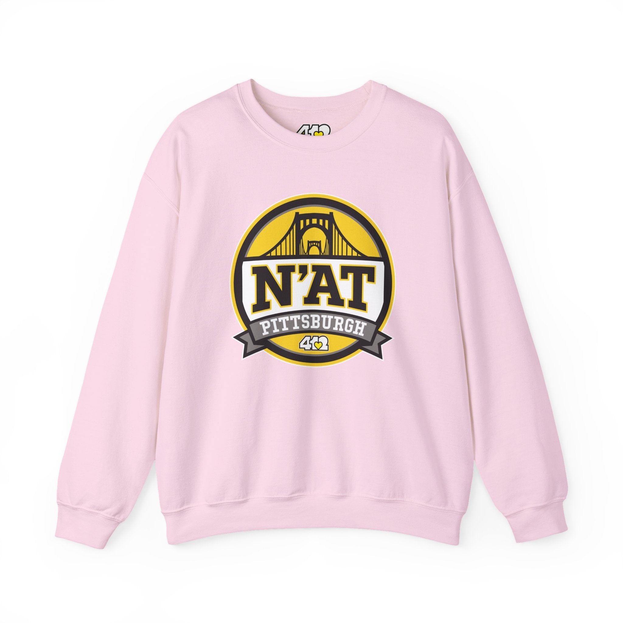 Pittsburgh N'AT Crewneck. Apparel Color: Light Pink. A blend of 50% cotton and 50% polyester for cozy durability. With an Elastic ribbed collar, and Double-needle stitching.