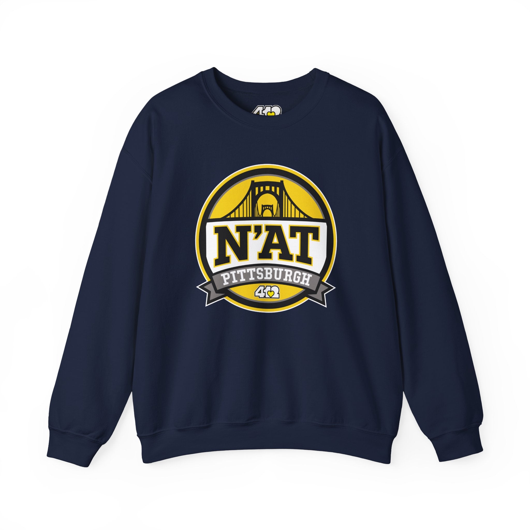 Pittsburgh N'AT Crewneck. Apparel Color: Navy. A blend of 50% cotton and 50% polyester for cozy durability. With an Elastic ribbed collar, and Double-needle stitching.