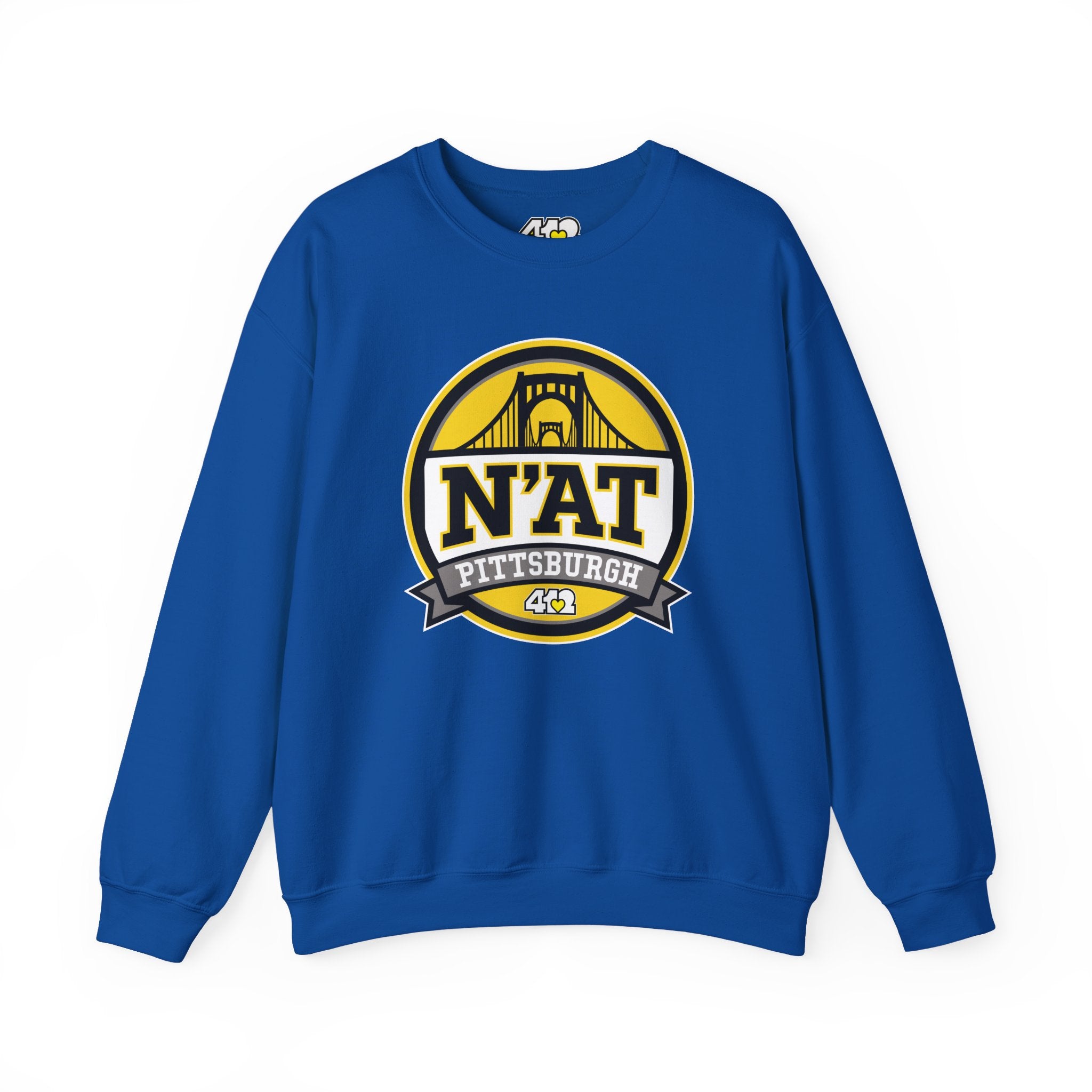 Pittsburgh N'AT Crewneck. Apparel Color: Royal. A blend of 50% cotton and 50% polyester for cozy durability. With an Elastic ribbed collar, and Double-needle stitching.