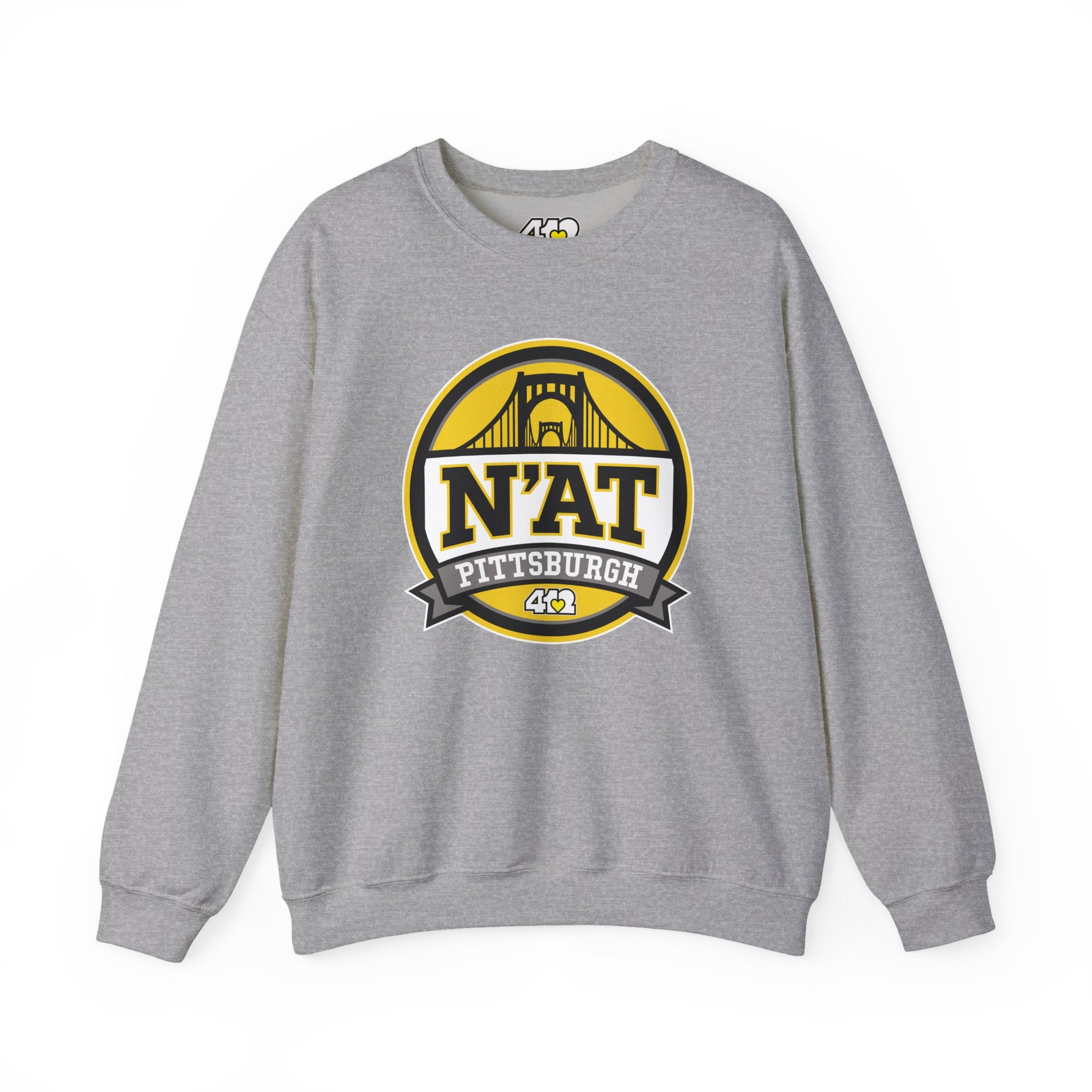 Pittsburgh N'AT Crewneck. Apparel Color: Sport Grey. A blend of 50% cotton and 50% polyester for cozy durability. With an Elastic ribbed collar, and Double-needle stitching.