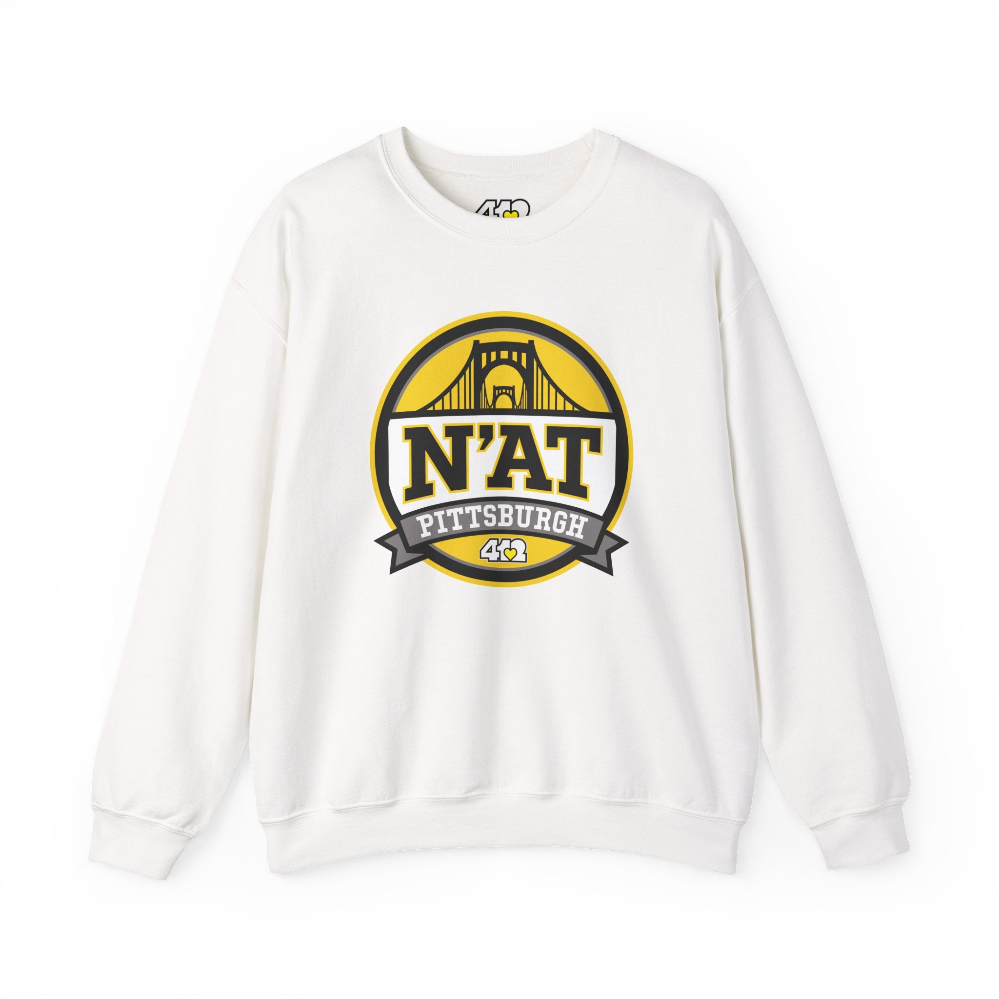 Pittsburgh N'AT Crewneck. Apparel Color: White. A blend of 50% cotton and 50% polyester for cozy durability. With an Elastic ribbed collar, and Double-needle stitching.