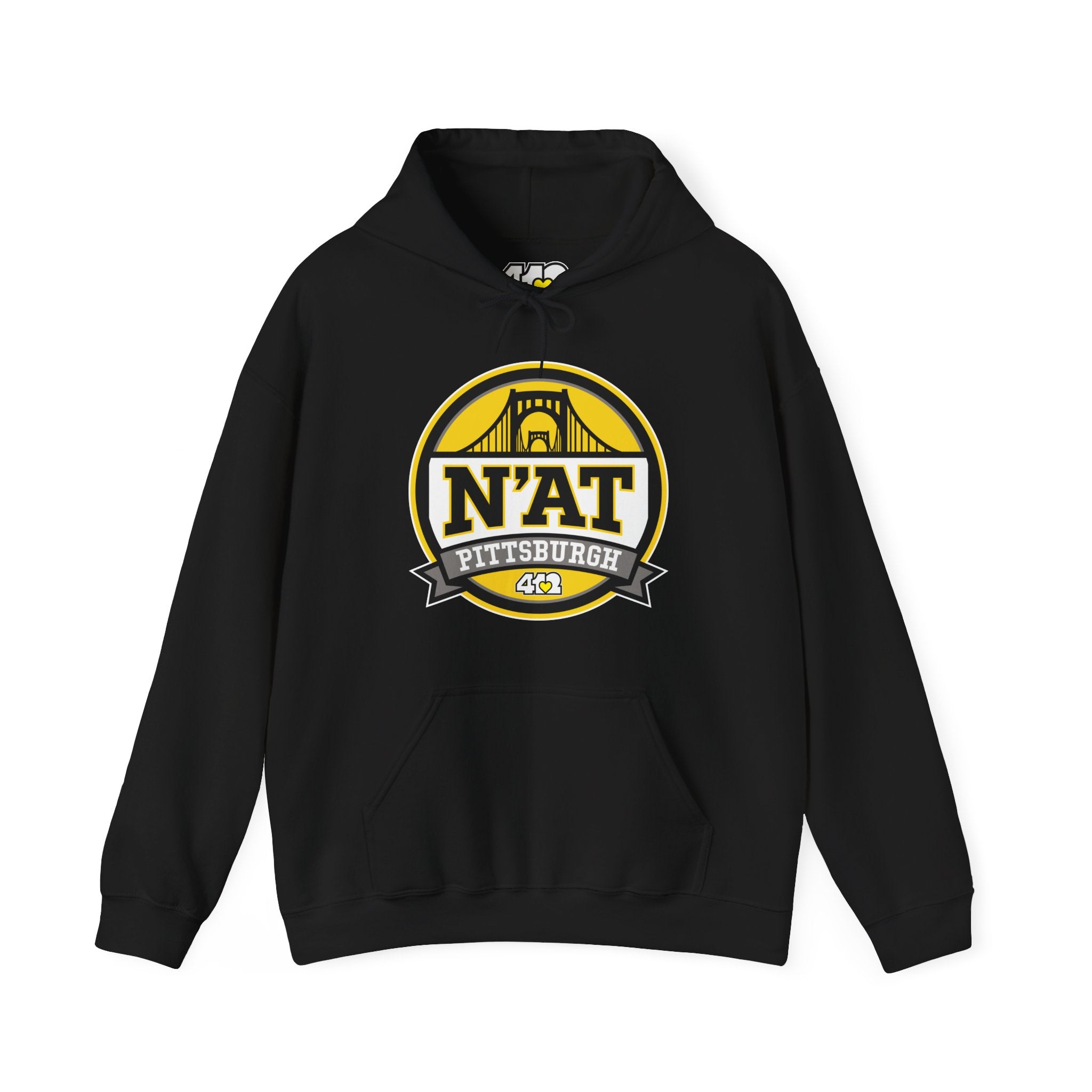 Pittsburgh N'AT Hoodie. Apparel Color: Black. 50/50 cotton-poly blend, cozy fit, kangaroo pocket, adjustable drawstring hood.