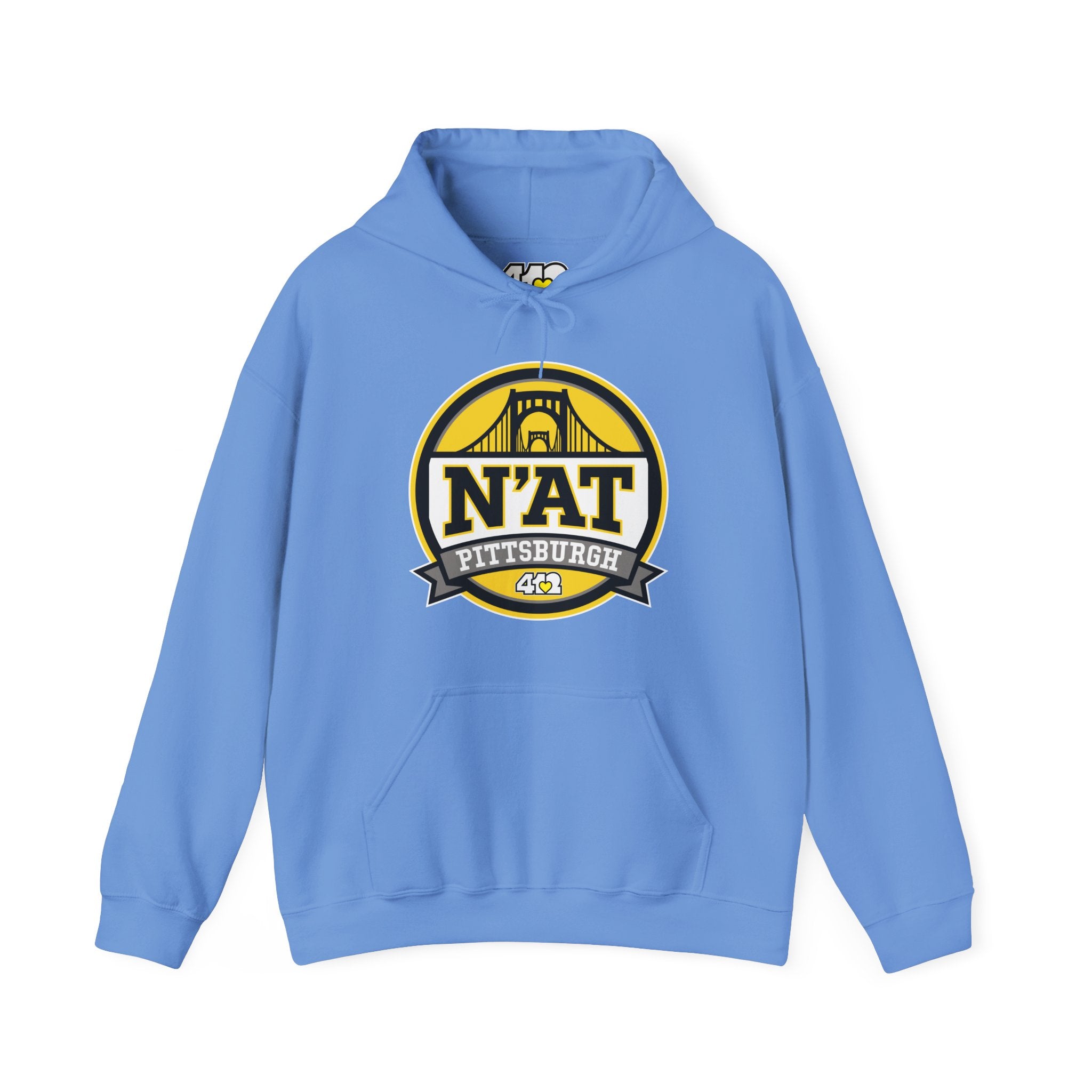 Pittsburgh N'AT Hoodie. Apparel Color: Carolina Blue. 50/50 cotton-poly blend, cozy fit, kangaroo pocket, adjustable drawstring hood.