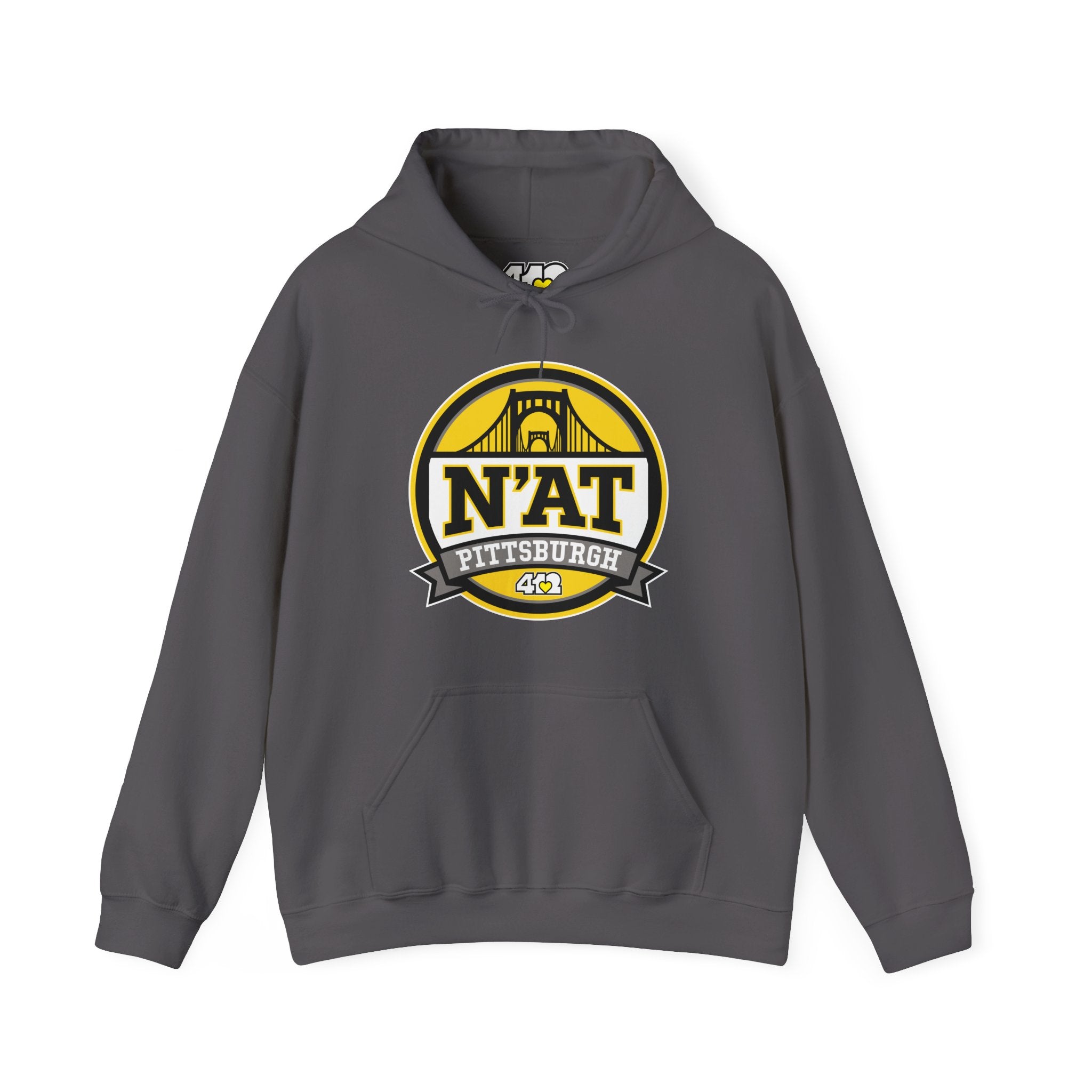 Pittsburgh N'AT Hoodie. Apparel Color: Charcoal. 50/50 cotton-poly blend, cozy fit, kangaroo pocket, adjustable drawstring hood.
