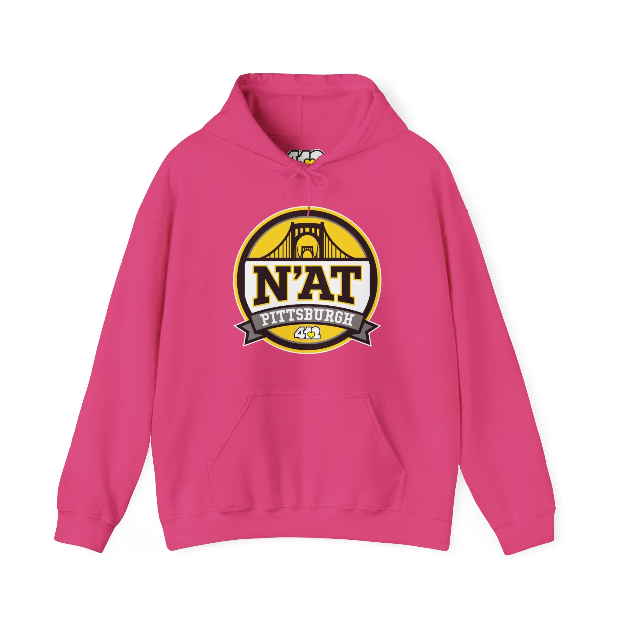 Pittsburgh N'AT Hoodie. Apparel Color: Heliconia. 50/50 cotton-poly blend, cozy fit, kangaroo pocket, adjustable drawstring hood.