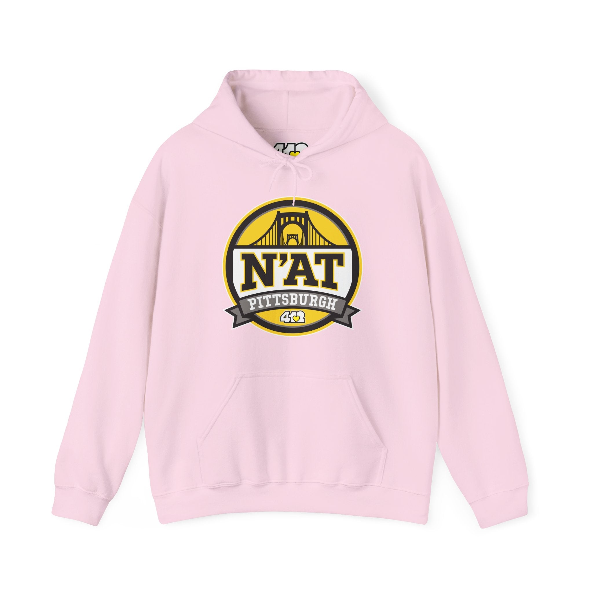 Pittsburgh N'AT Hoodie. Apparel Color: Light Pink. 50/50 cotton-poly blend, cozy fit, kangaroo pocket, adjustable drawstring hood.