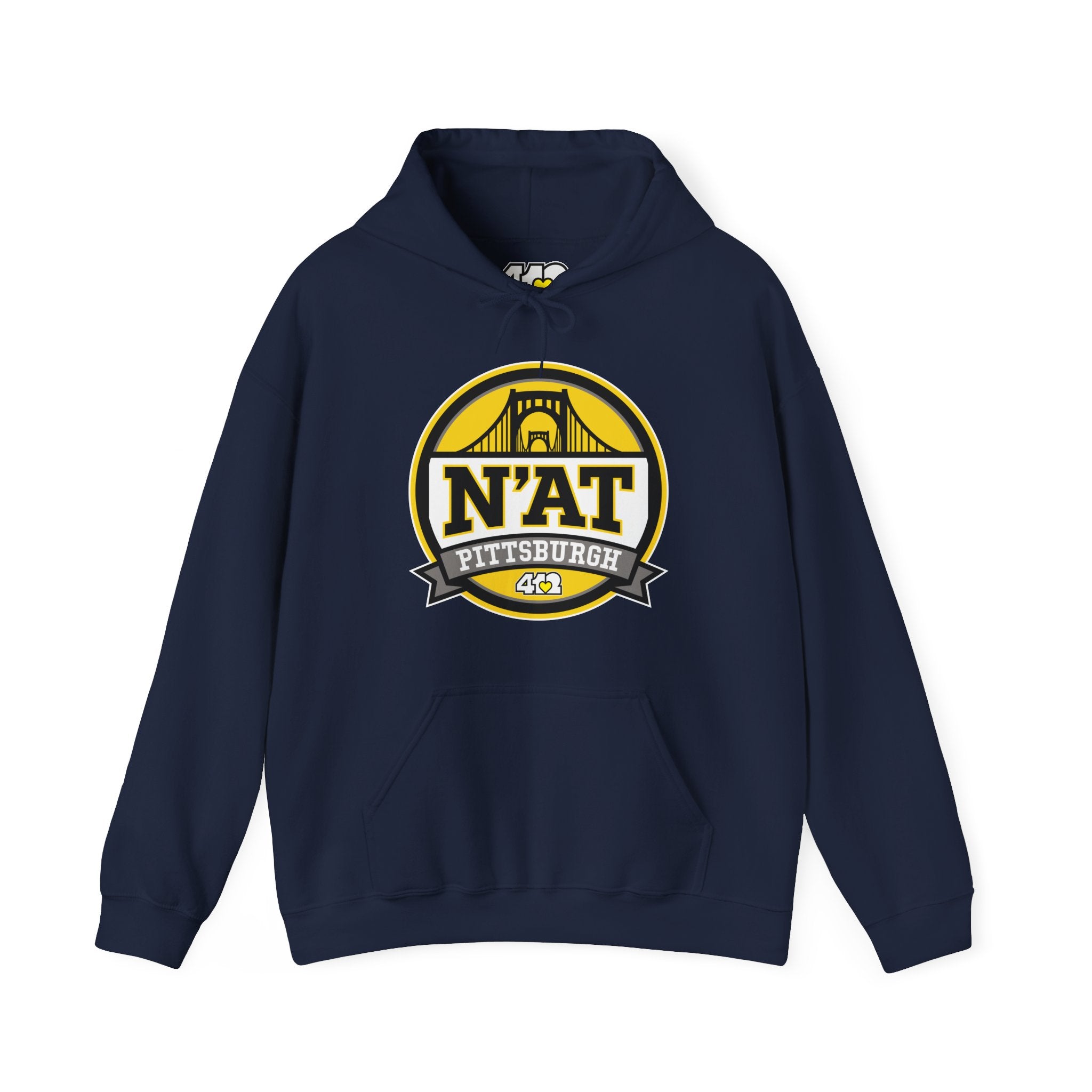 Pittsburgh N'AT Hoodie. Apparel Color: Navy. 50/50 cotton-poly blend, cozy fit, kangaroo pocket, adjustable drawstring hood.