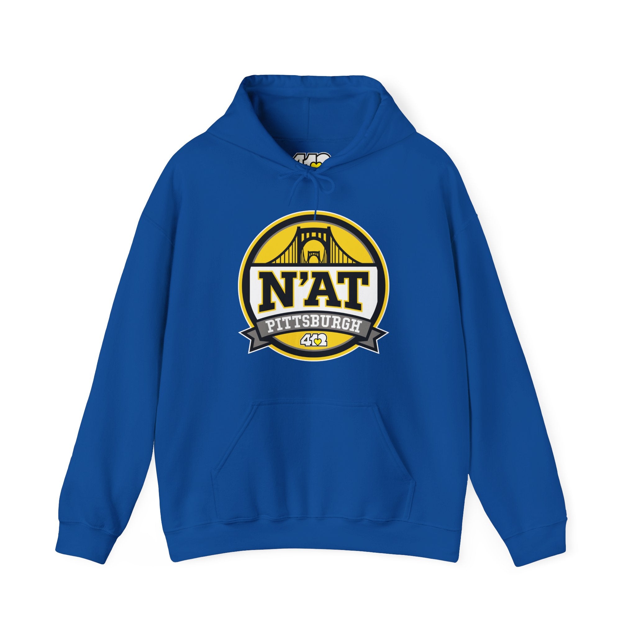 Pittsburgh N'AT Hoodie. Apparel Color: Royal. 50/50 cotton-poly blend, cozy fit, kangaroo pocket, adjustable drawstring hood.