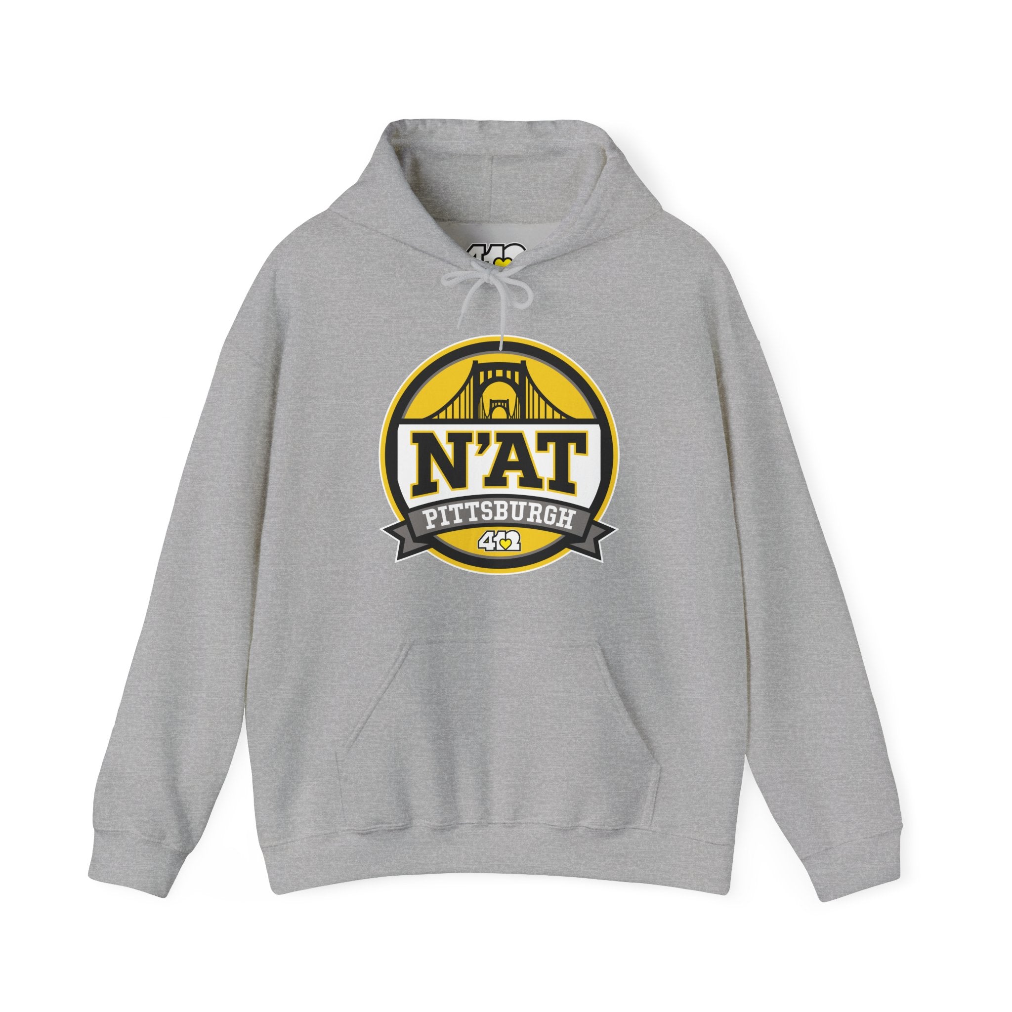 Pittsburgh N'AT Hoodie. Apparel Color: Sport Grey. 50/50 cotton-poly blend, cozy fit, kangaroo pocket, adjustable drawstring hood.