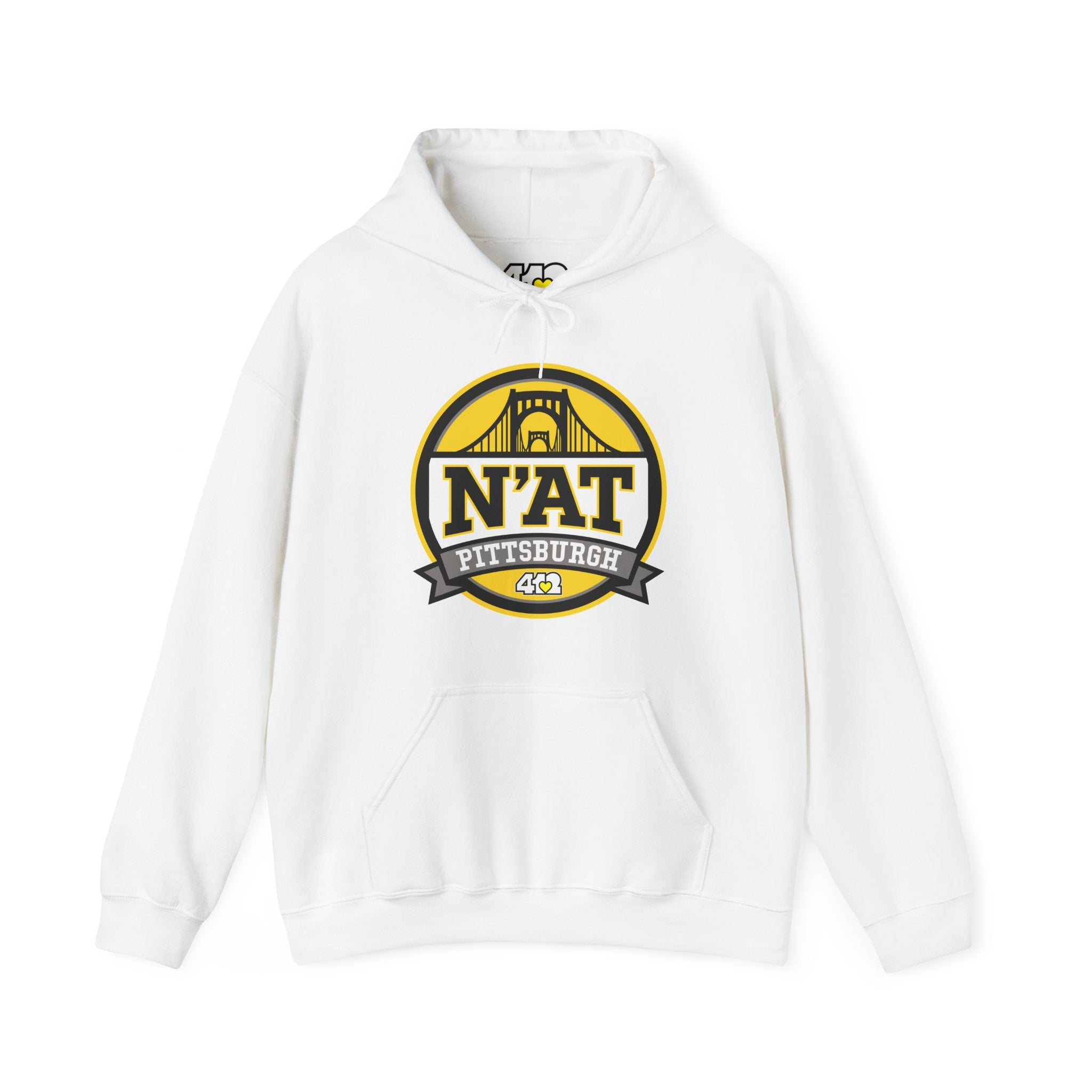 Pittsburgh N'AT Hoodie. Apparel Color: White. 50/50 cotton-poly blend, cozy fit, kangaroo pocket, adjustable drawstring hood.