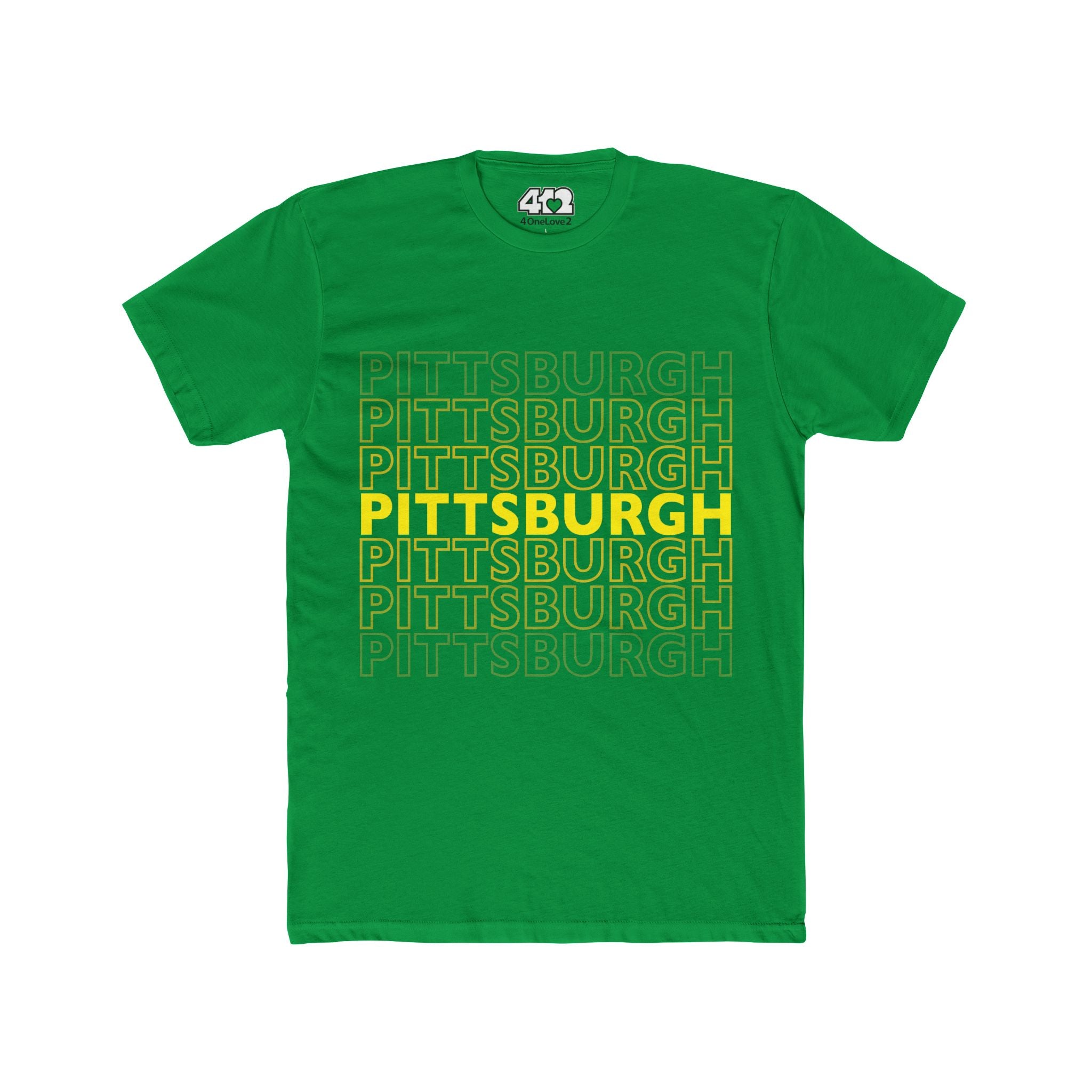 Pittsburgh On Repeat | T-Shirt. Apparel Color: Solid Kelly Green. Tailored fit T-Shirt with breathable cotton fabric, and classic neckline.