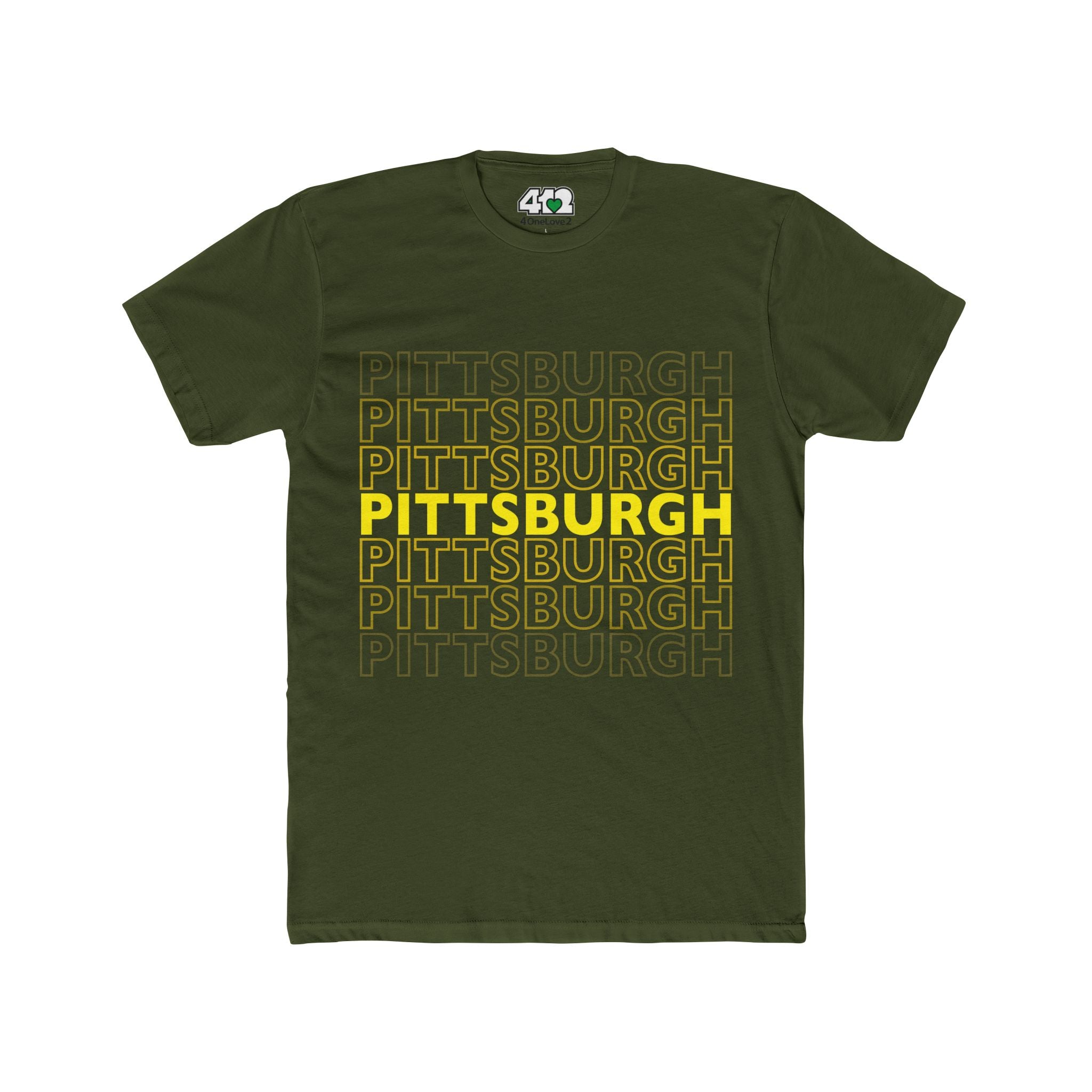 Pittsburgh On Repeat | T-Shirt. Apparel Color: Solid Military Green. Tailored fit T-Shirt with breathable cotton fabric, and classic neckline.