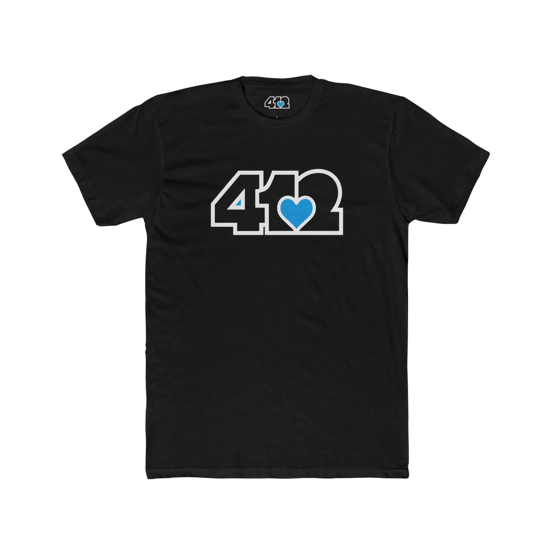 Pittsburgh T-Shirt | Black & Blue 412 Logo. Apparel Color: Solid Black. Tailored fit T-Shirt with breathable cotton fabric, and classic neckline.